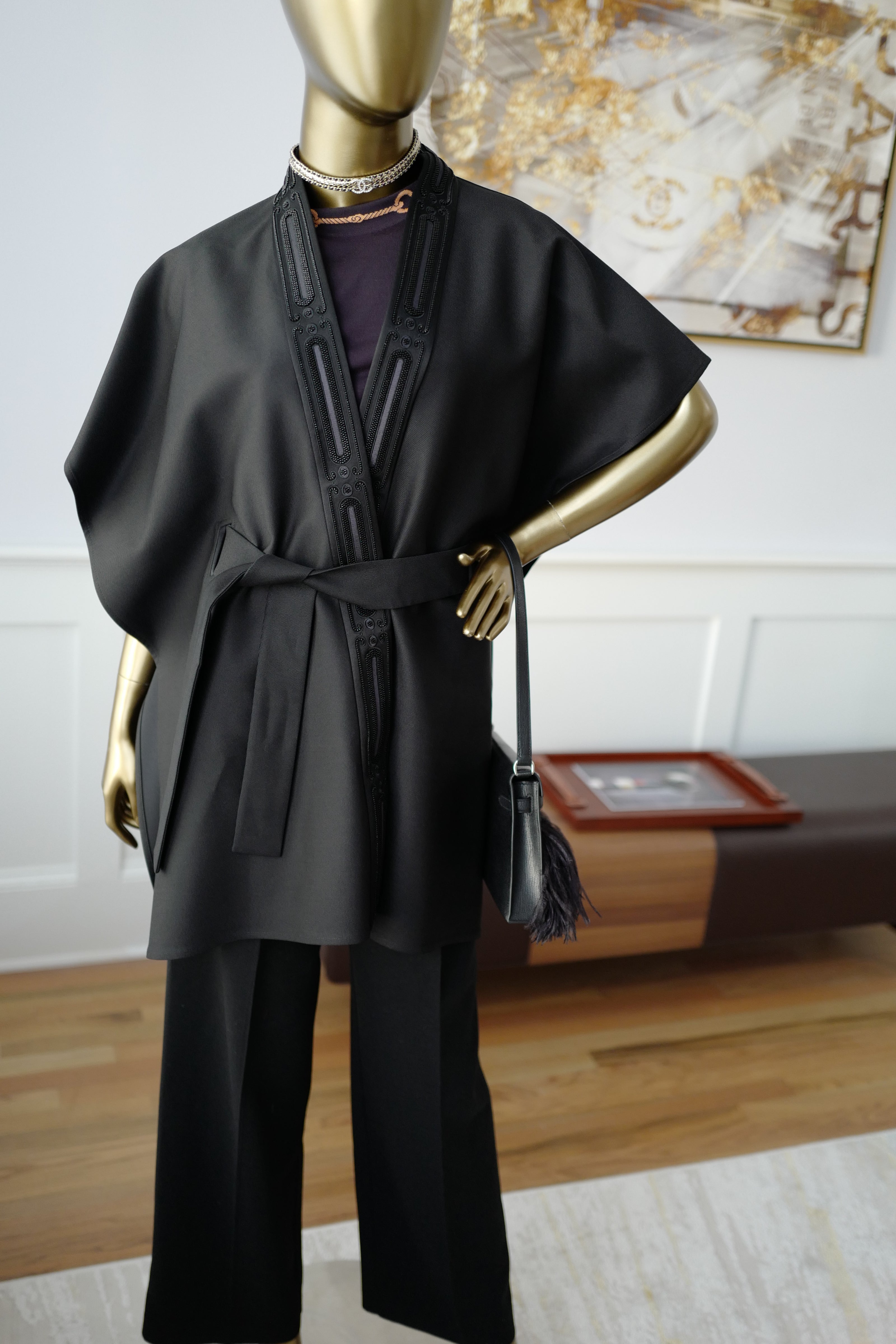 NEW Hermes Embroidered Long Poncho Vest Size 34 Noir Black Over $7K Retail