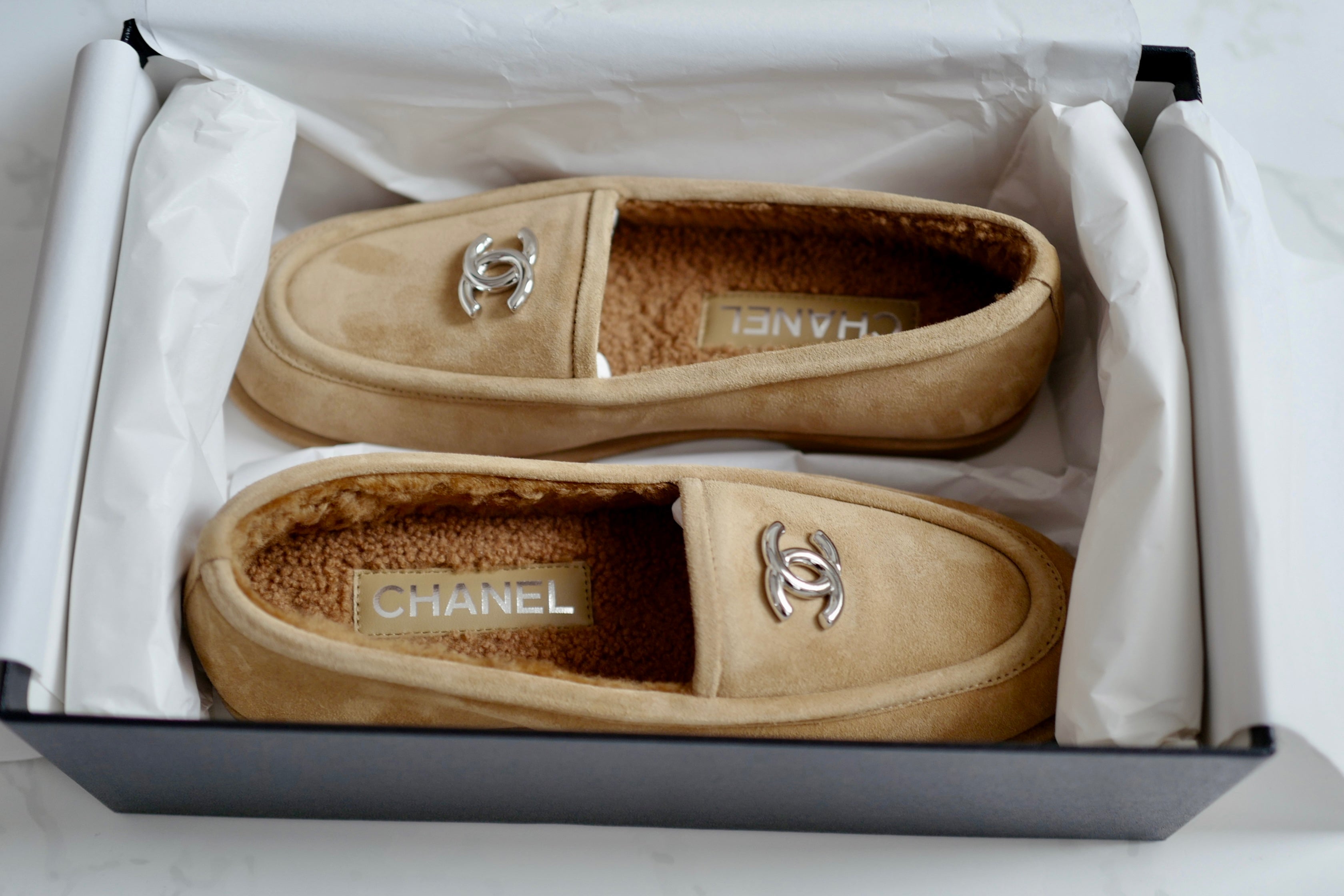 CHANEL 24K Shearling Lined Suede Calfskin CC Loafers Moccasins Shoes Size 38