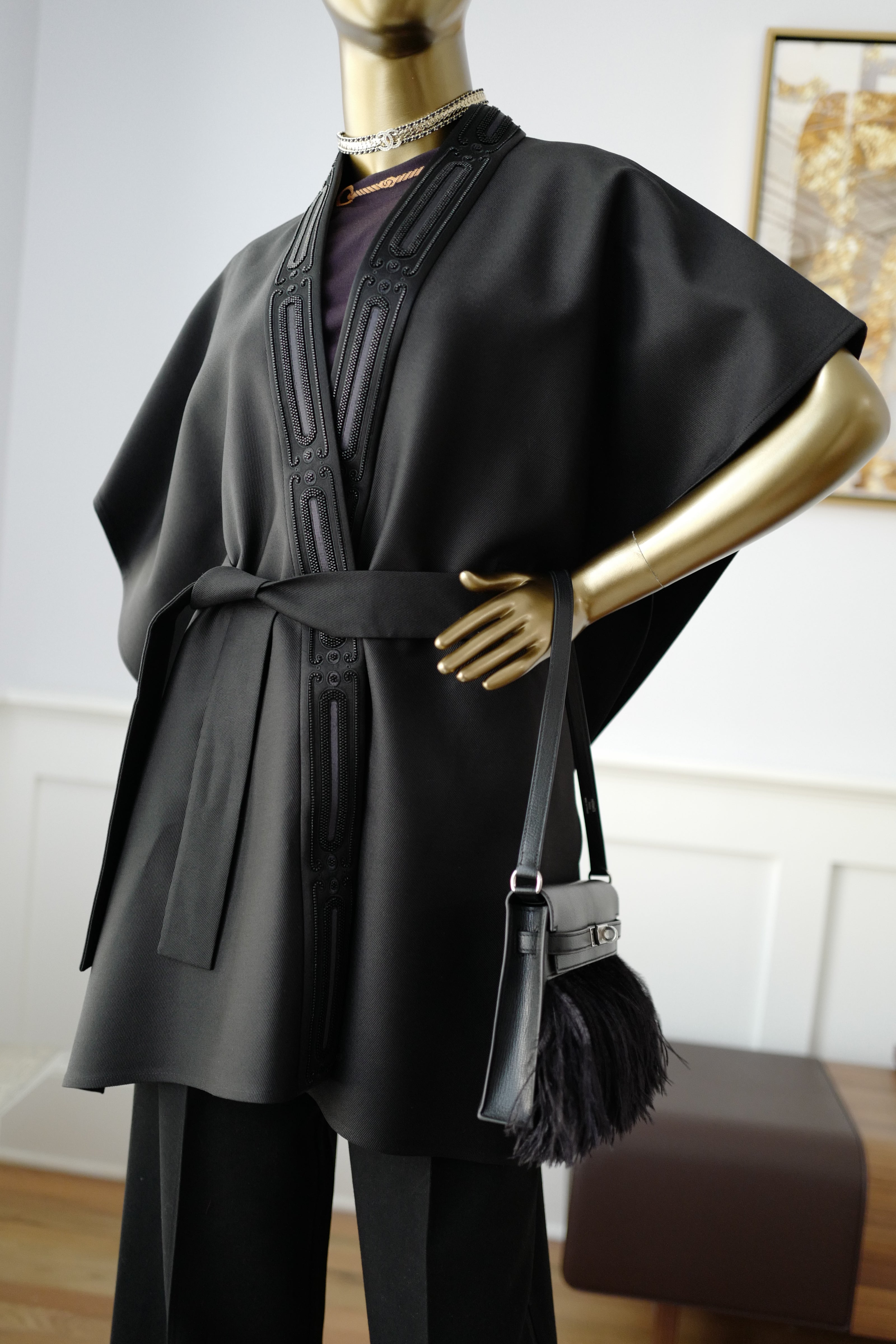 NEW Hermes Embroidered Long Poncho Vest Size 34 Noir Black Over $7K Retail