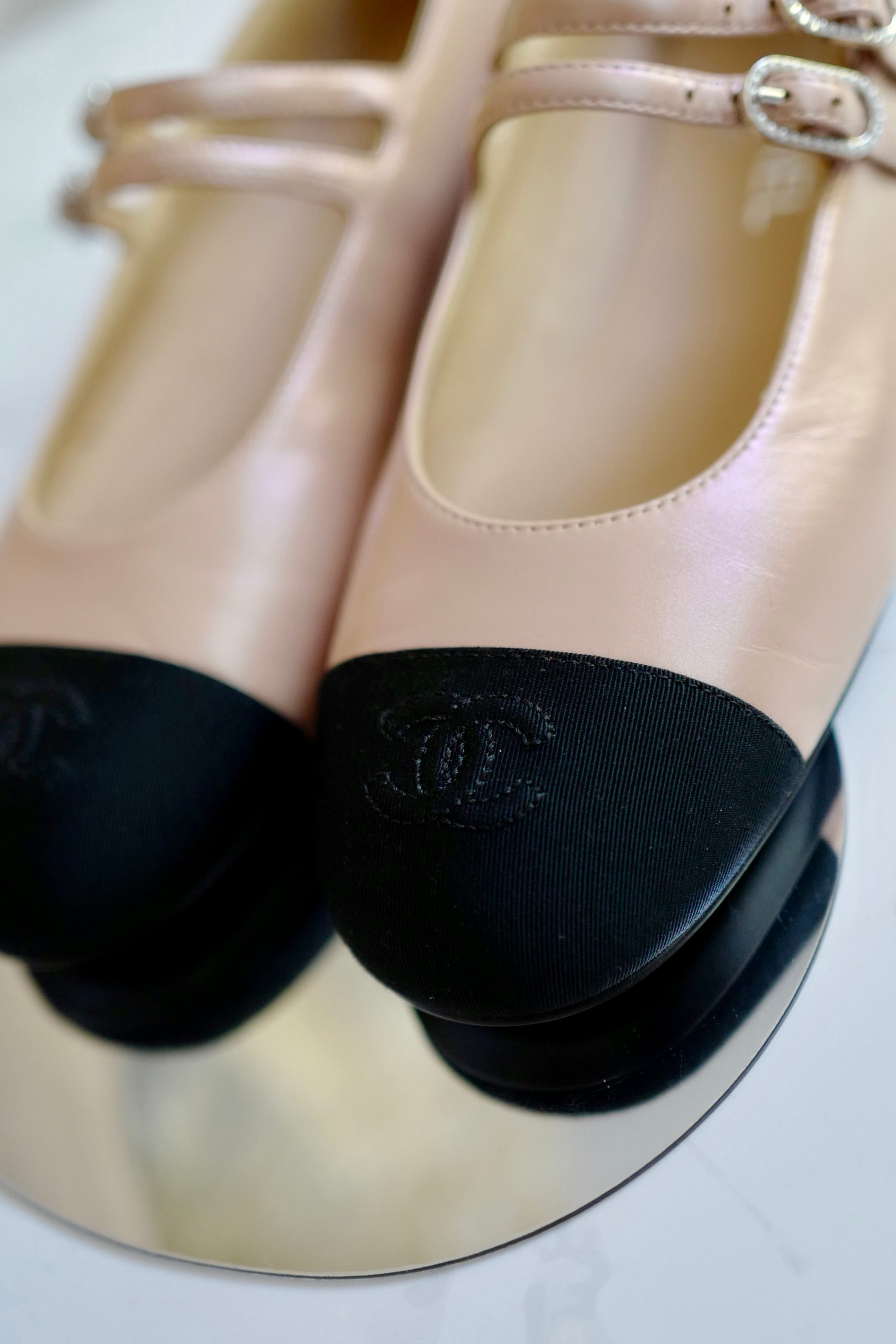 Chanel Lambskin Leather Mary Janes Flats Beige & Black With Straps Size 39