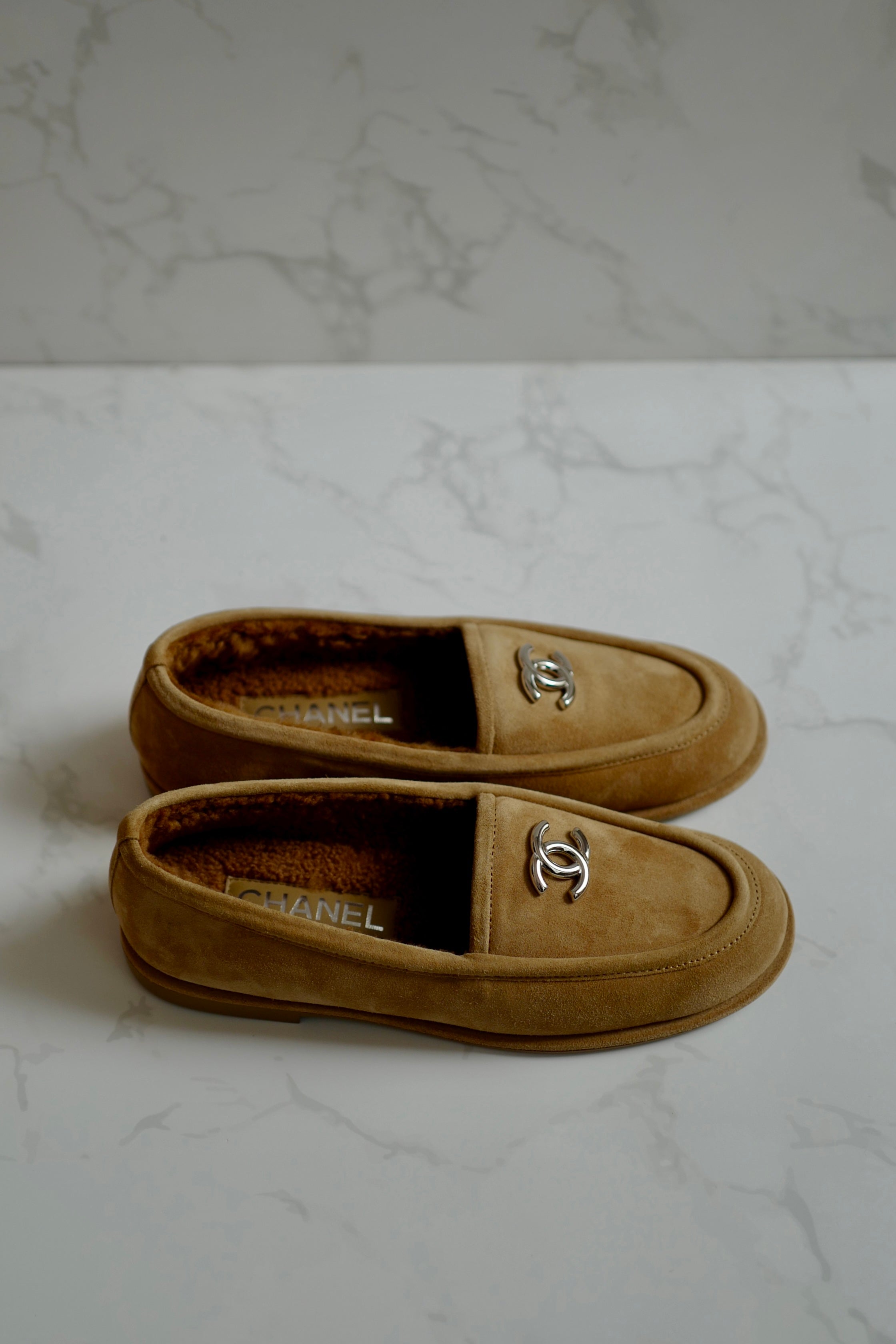 CHANEL 24K Shearling Lined Suede Calfskin CC Loafers Moccasins Shoes Size 38