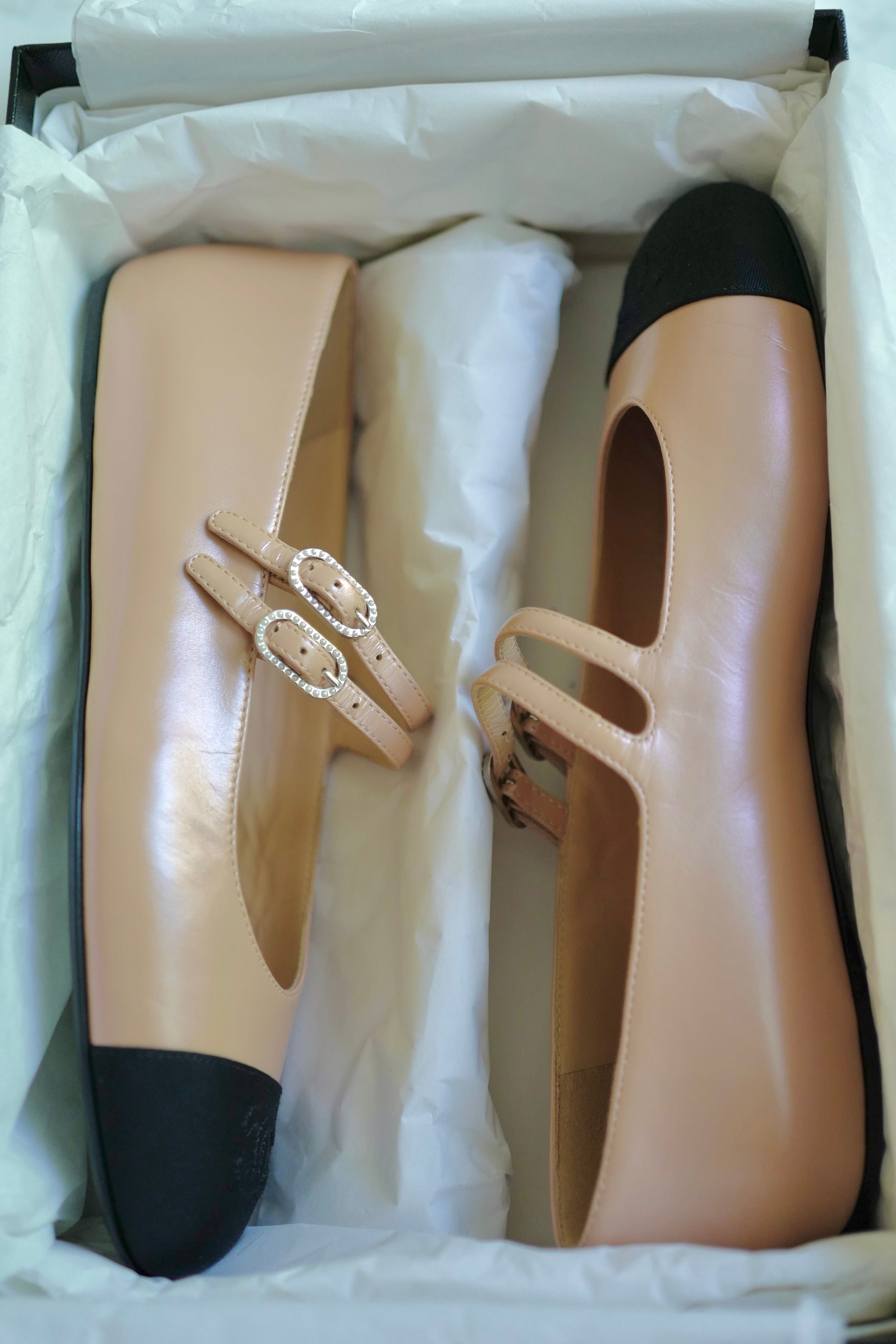 Chanel Lambskin Leather Mary Janes Flats Beige & Black With Straps Size 39