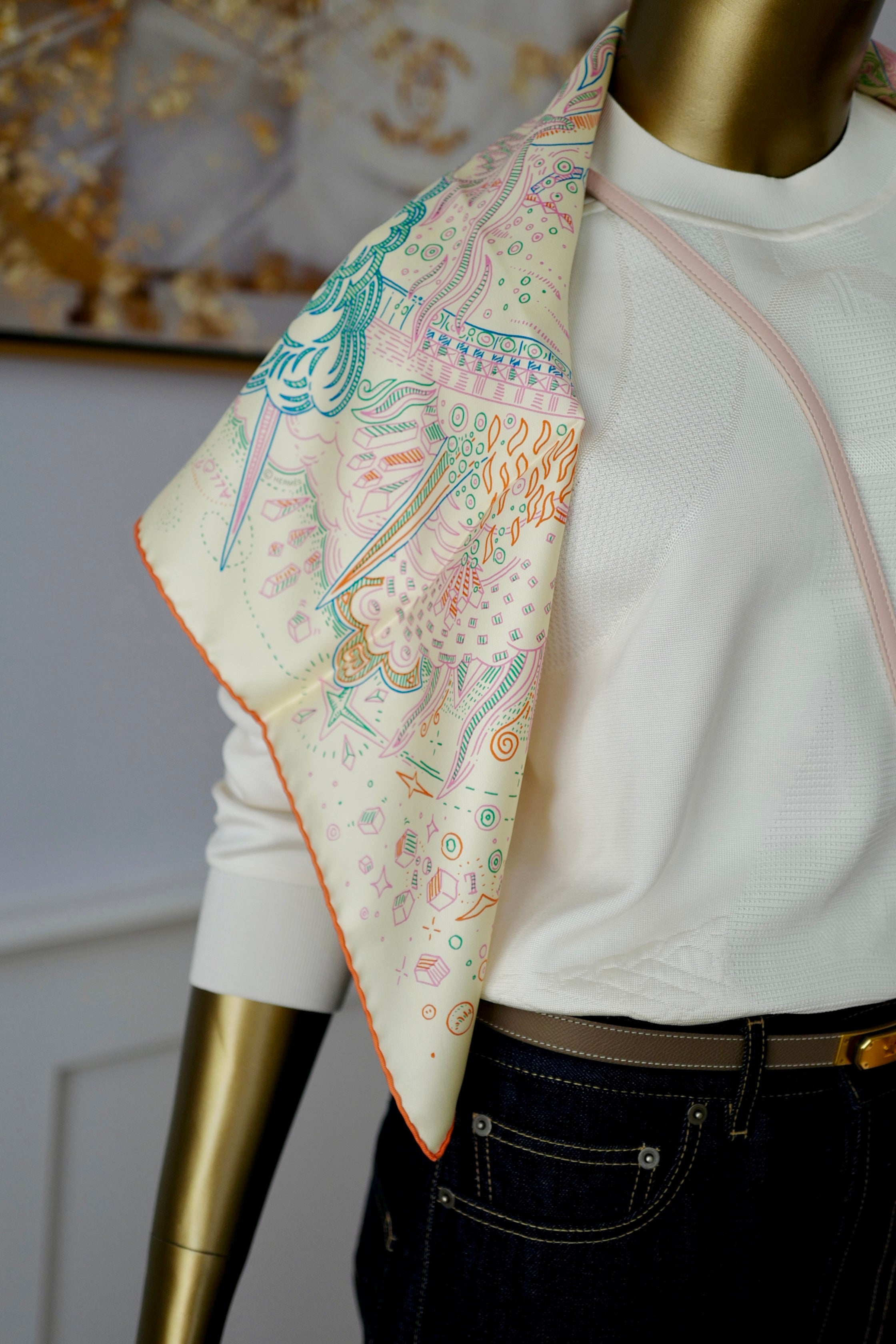 NEW Hermes Please Hold The Line Ac/Vanilla/Bleu 90 silk scarf