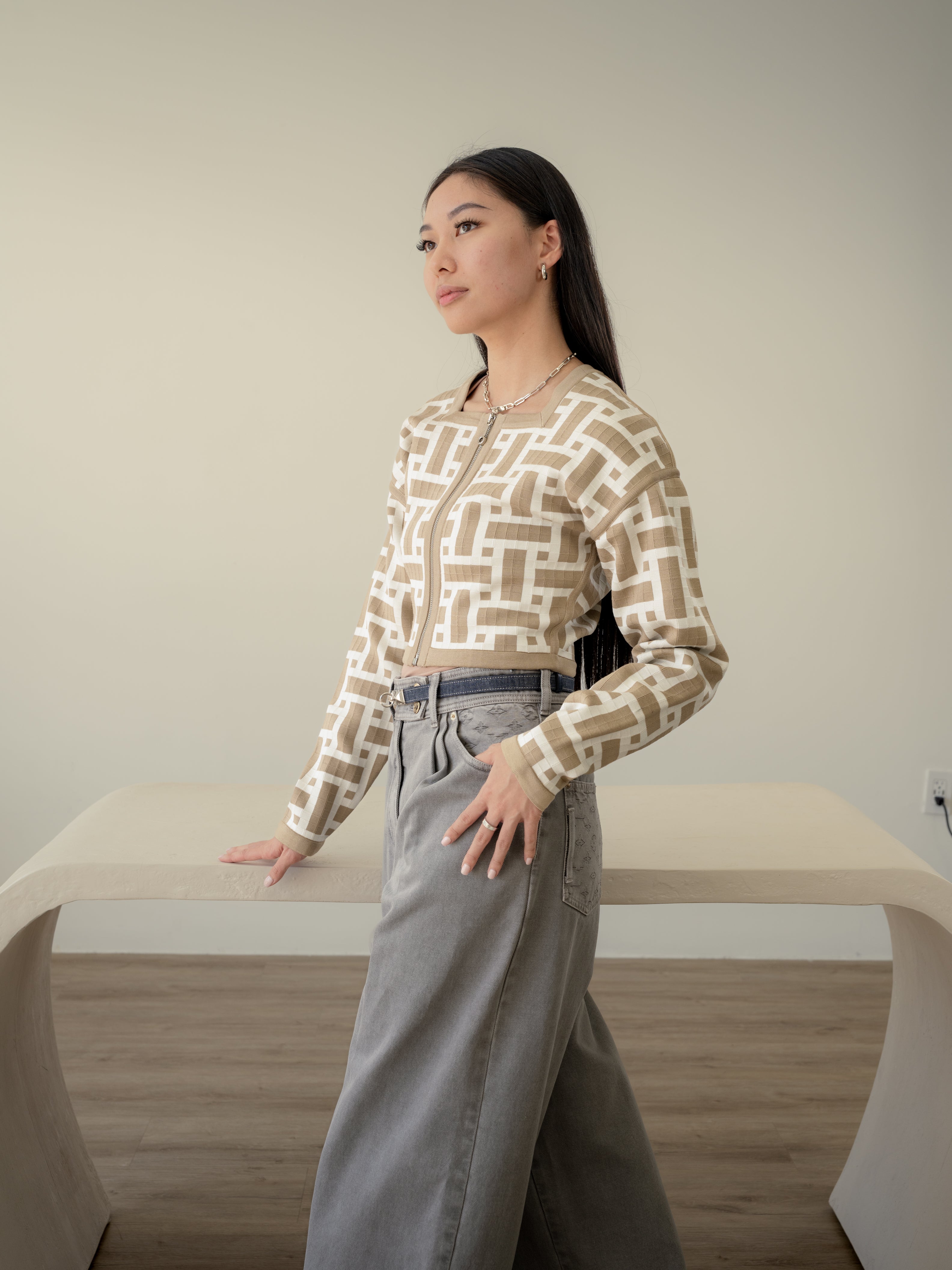 NEW Hermes Mosaique Short Zipped Jacket 38 Beige/Toast $3500 Retail