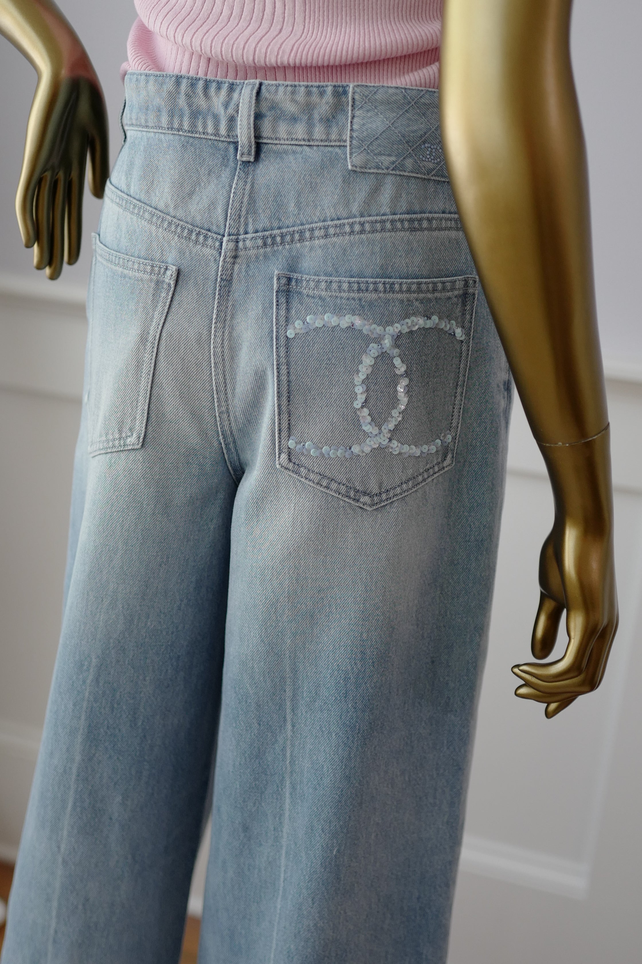 Chanel Printemps 25S CC Sequins Denim Jeans Wide Leg size 38