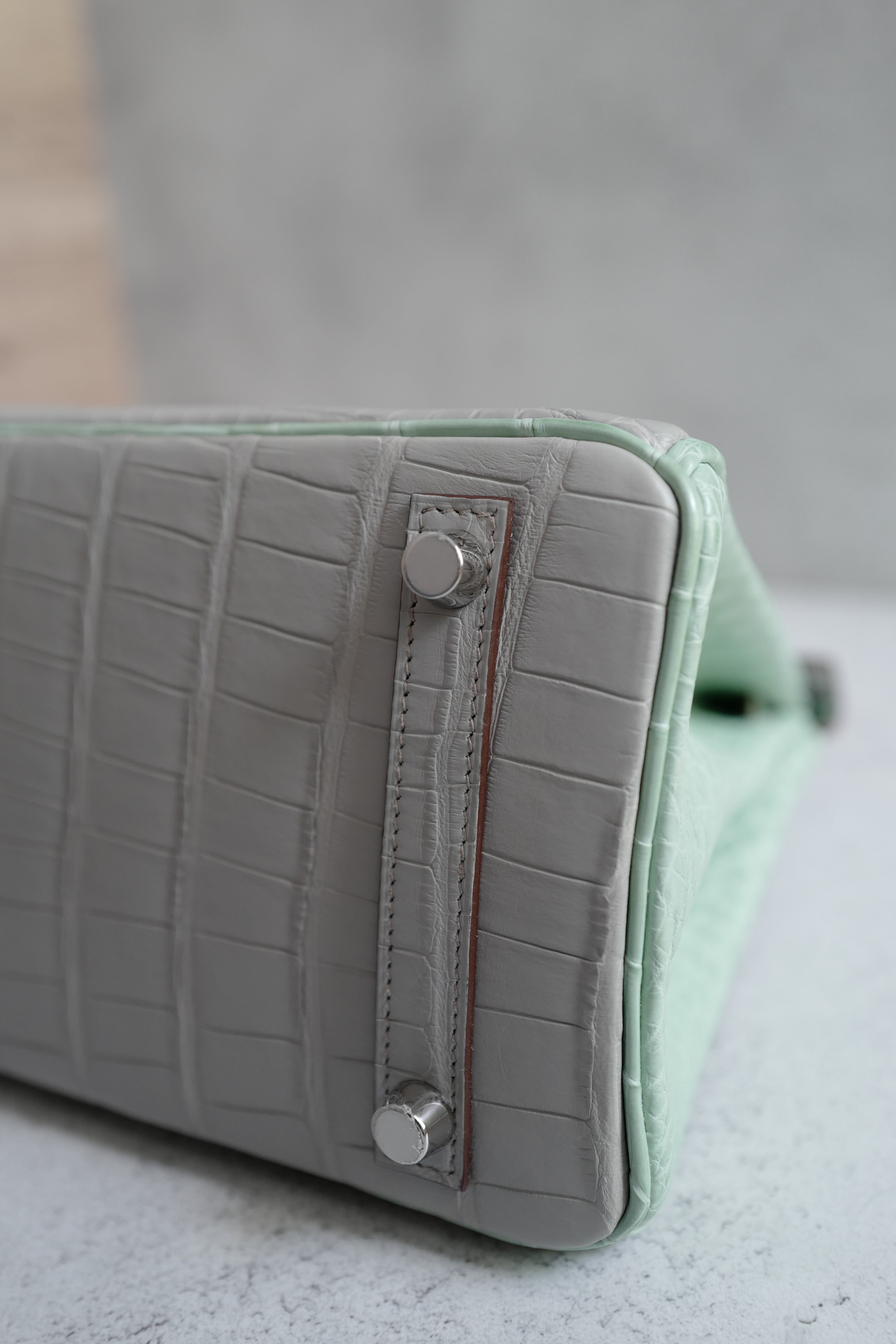 BNIB Hermes Birkin 25 HSS Gris Perle/Vert D’eau Matte Crocodile Brushed Palladium HW