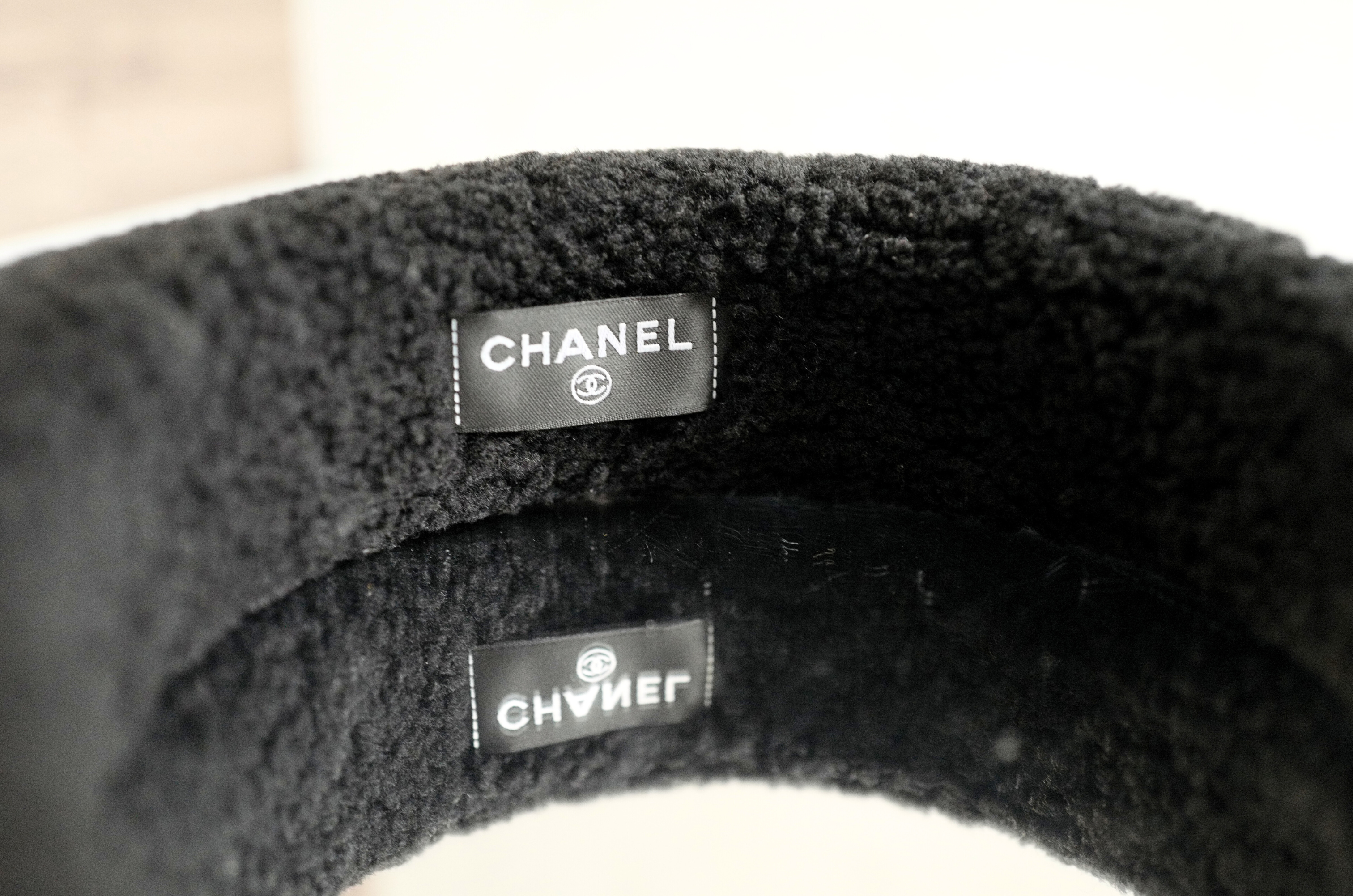 NEW Chanel Headband Shearling Black Ecru Logo Hair Accessories