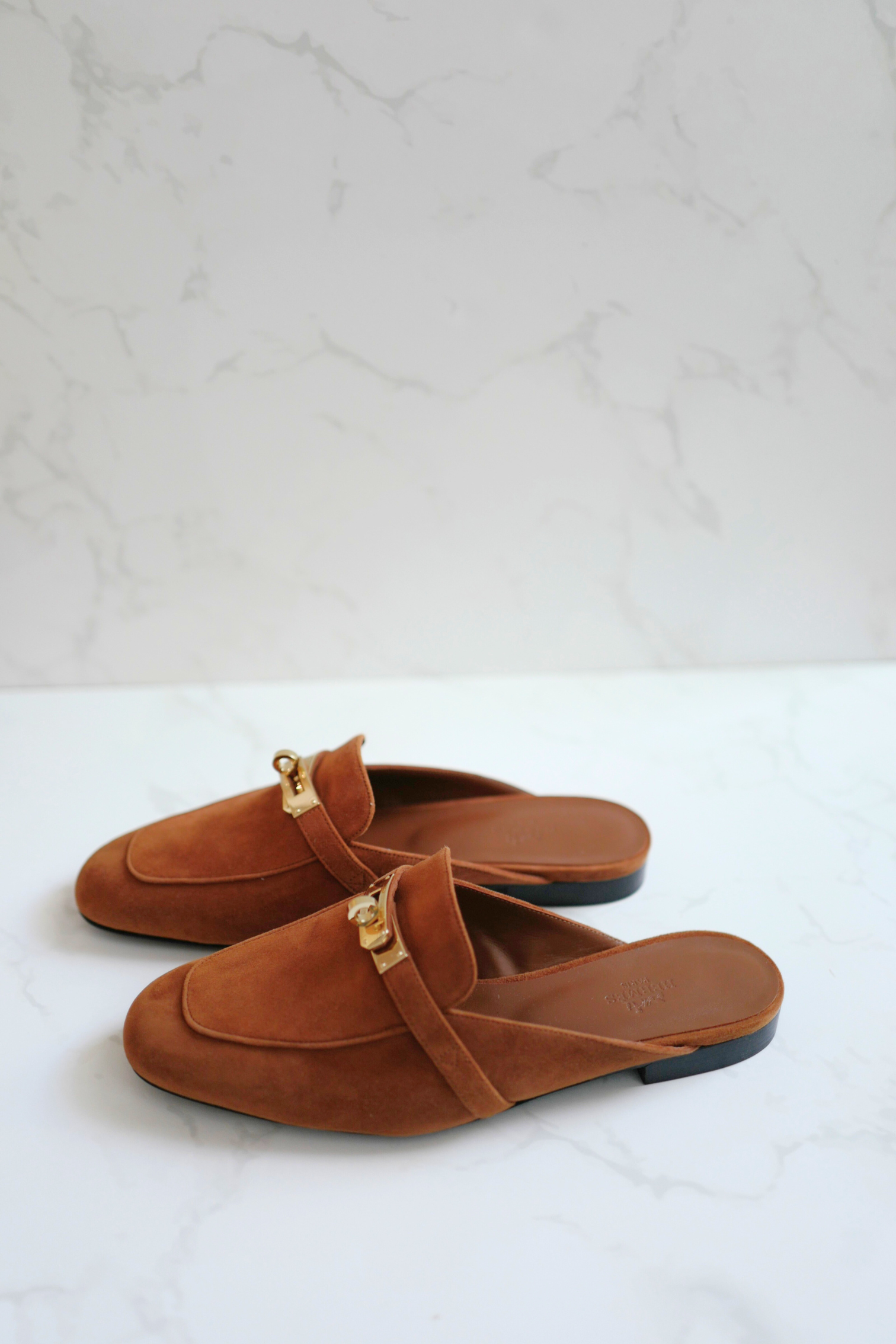 BNIB Hermès OZ Mule Velvet Goatskin Brun Amourette With Gold Hardware Size 39