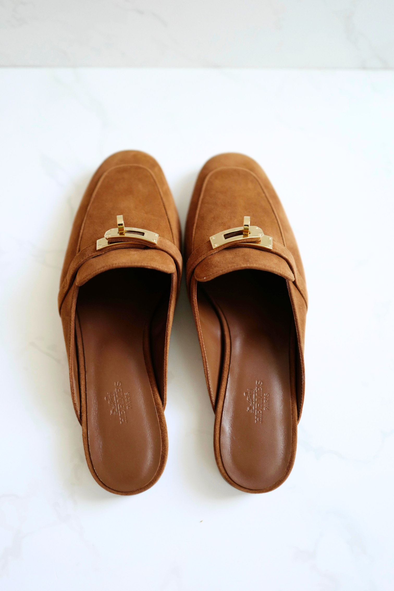BNIB Hermès OZ Mule Velvet Goatskin Brun Amourette With Gold Hardware Size 39