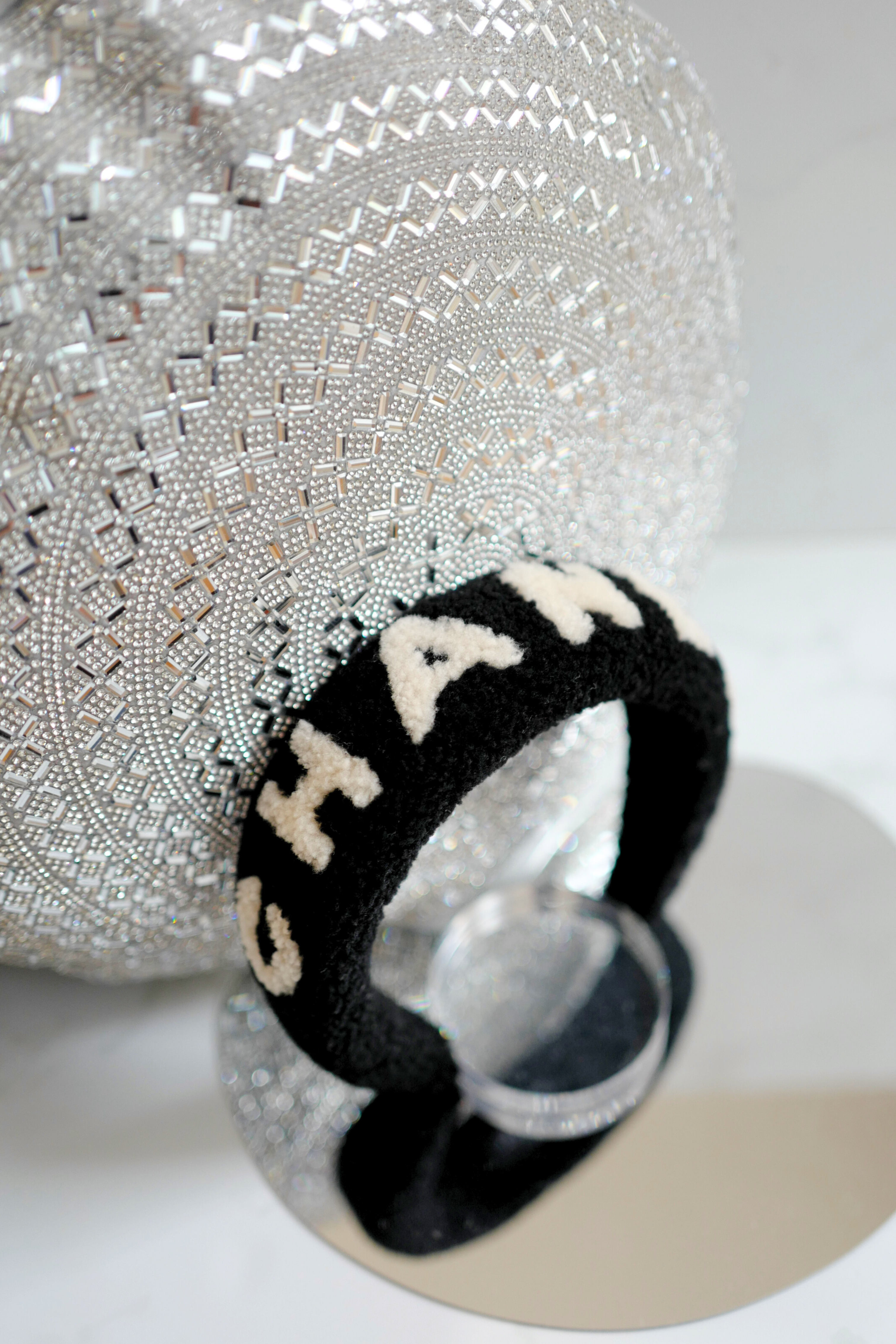 NEW Chanel Headband Shearling Black Ecru Logo Hair Accessories