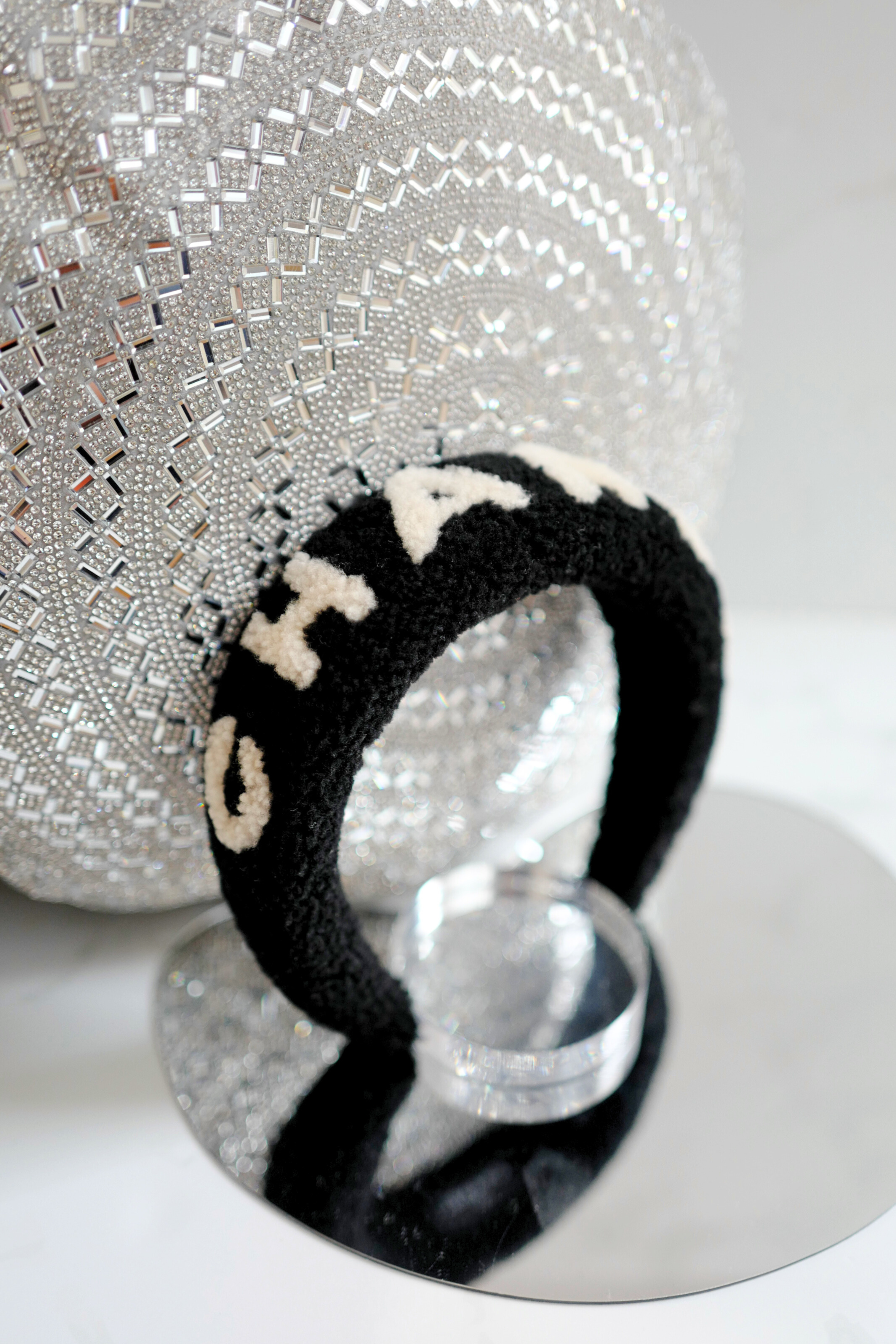 NEW Chanel Headband Shearling Black Ecru Logo Hair Accessories