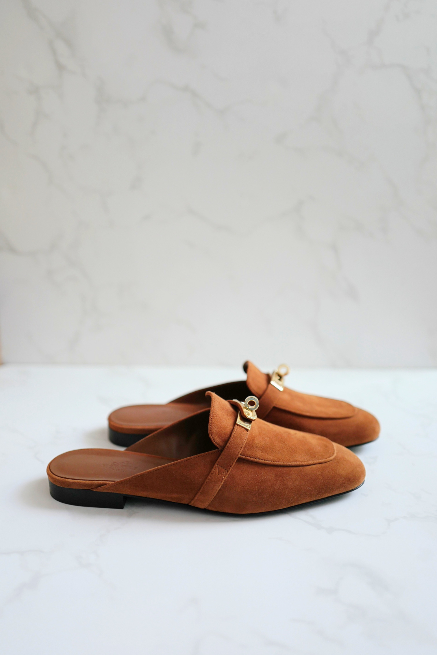 BNIB Hermès OZ Mule Velvet Goatskin Brun Amourette With Gold Hardware Size 39