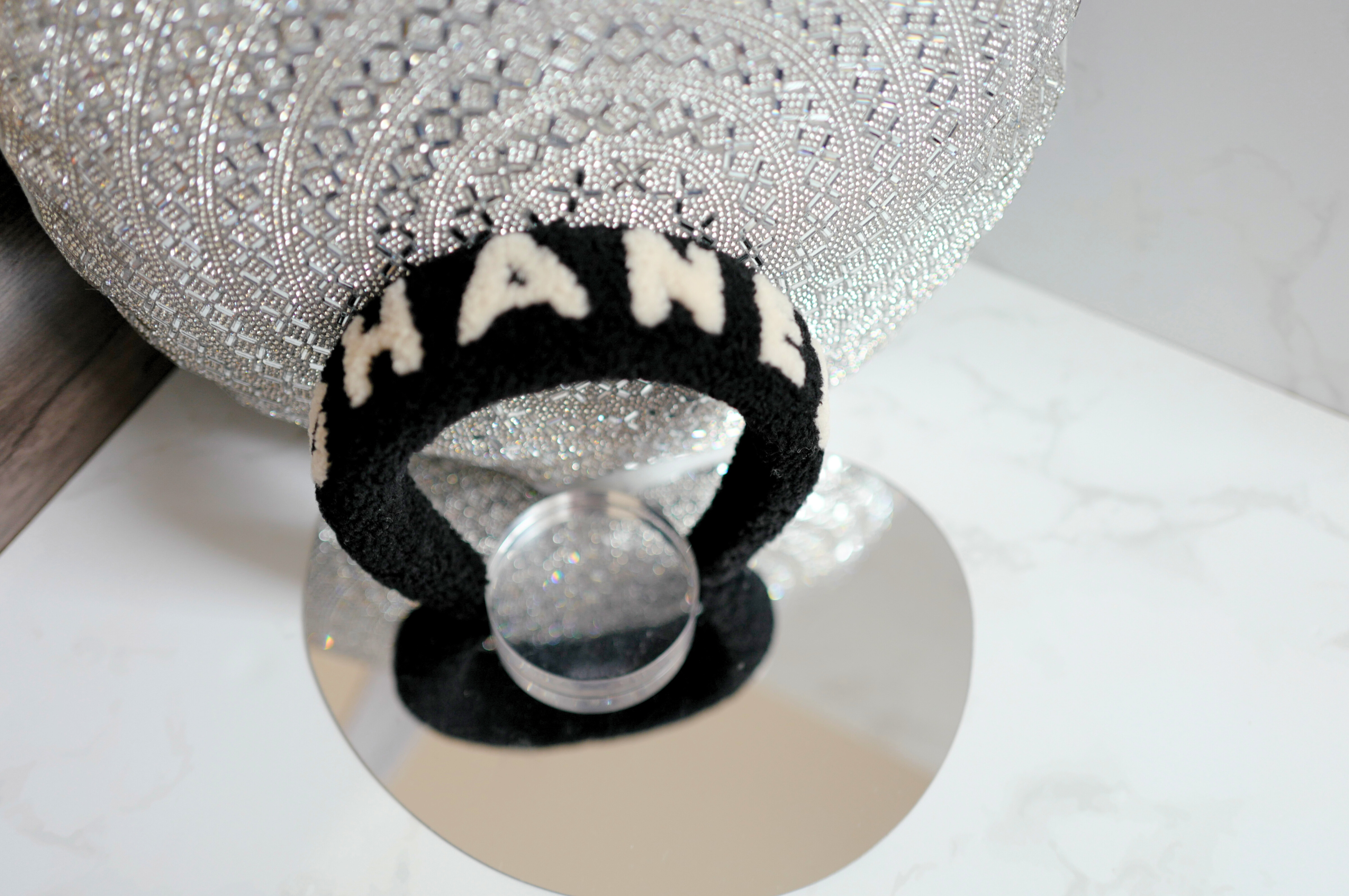 NEW Chanel Headband Shearling Black Ecru Logo Hair Accessories