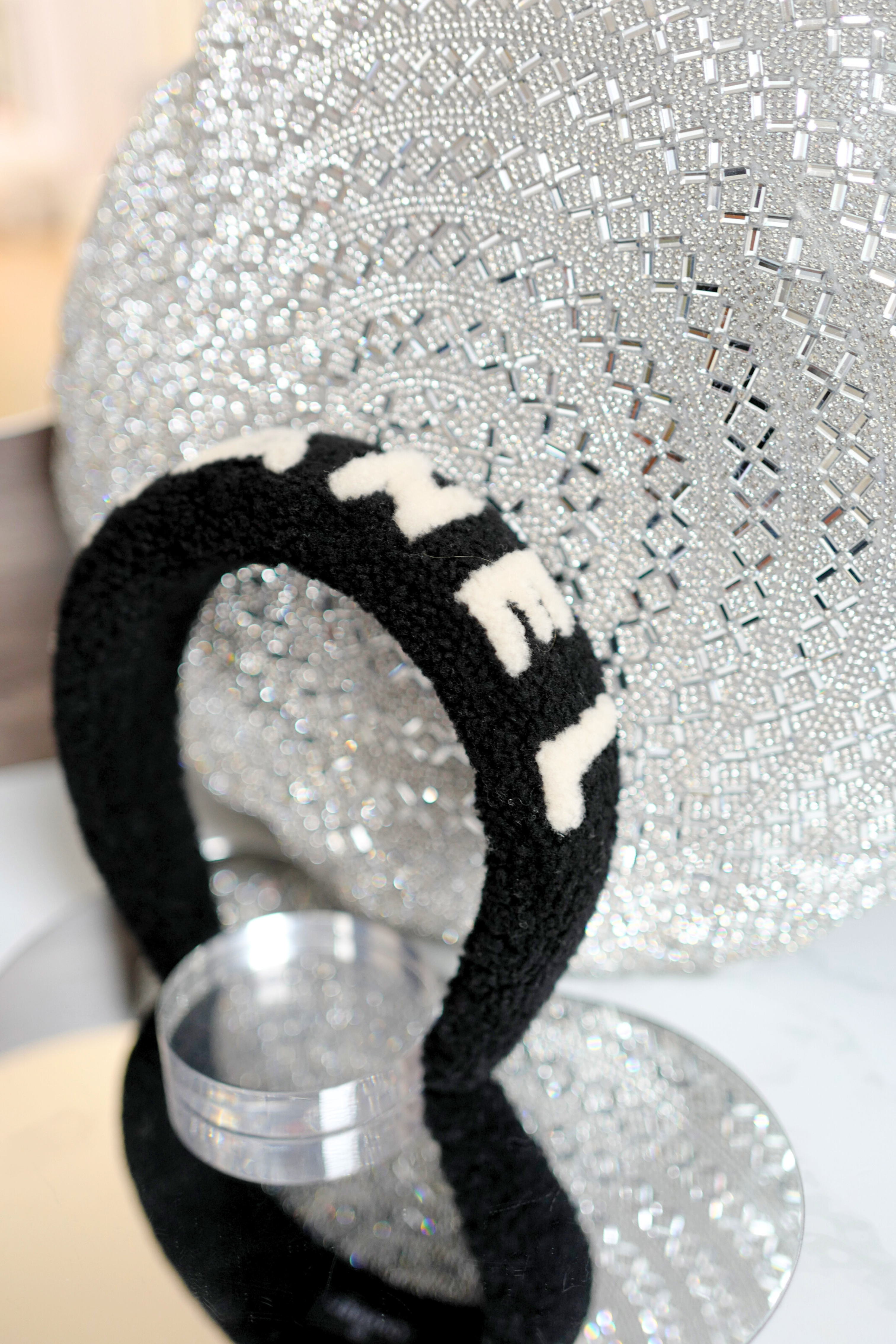 NEW Chanel Headband Shearling Black Ecru Logo Hair Accessories
