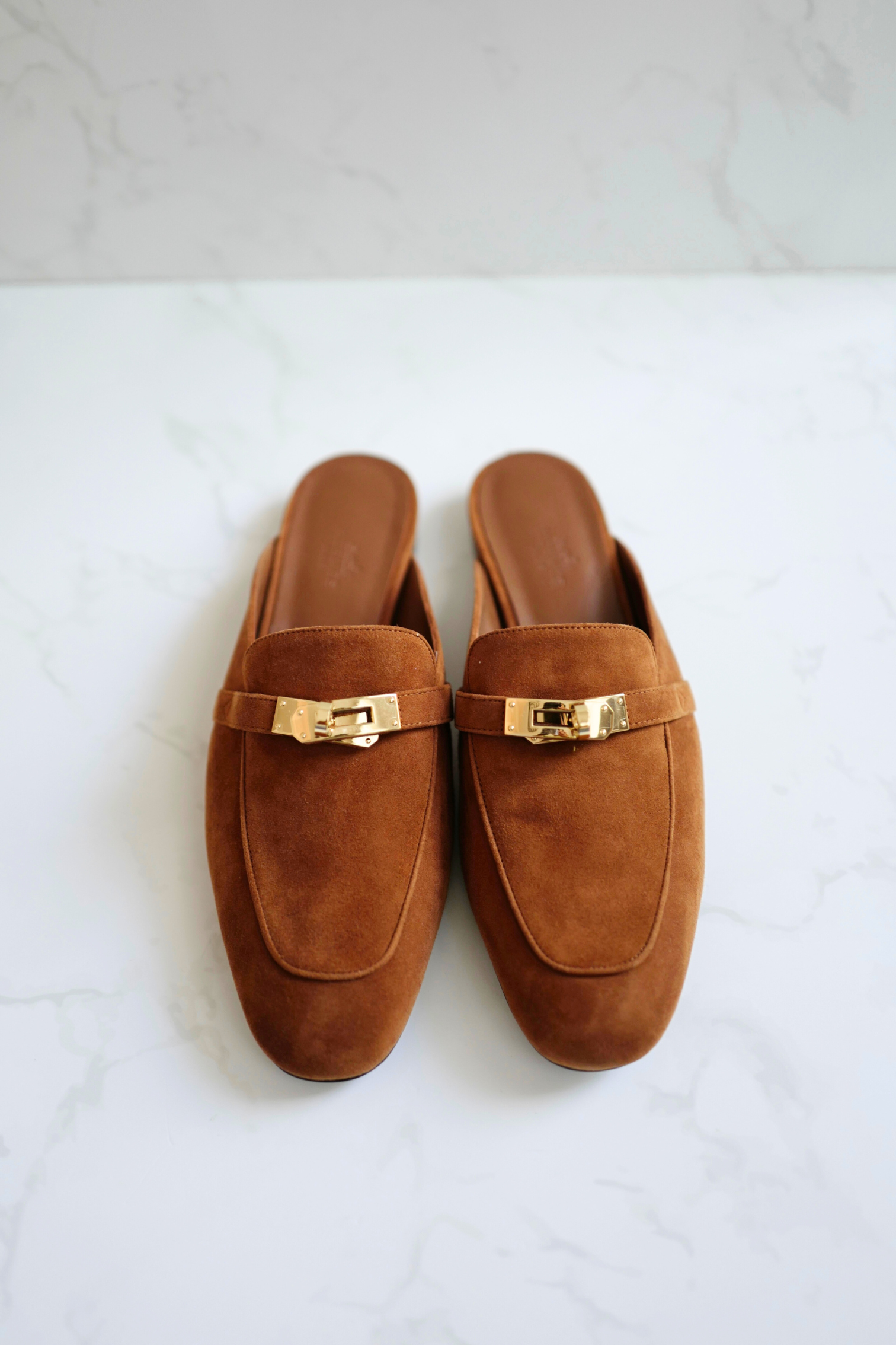 BNIB Hermès OZ Mule Velvet Goatskin Brun Amourette With Gold Hardware Size 39