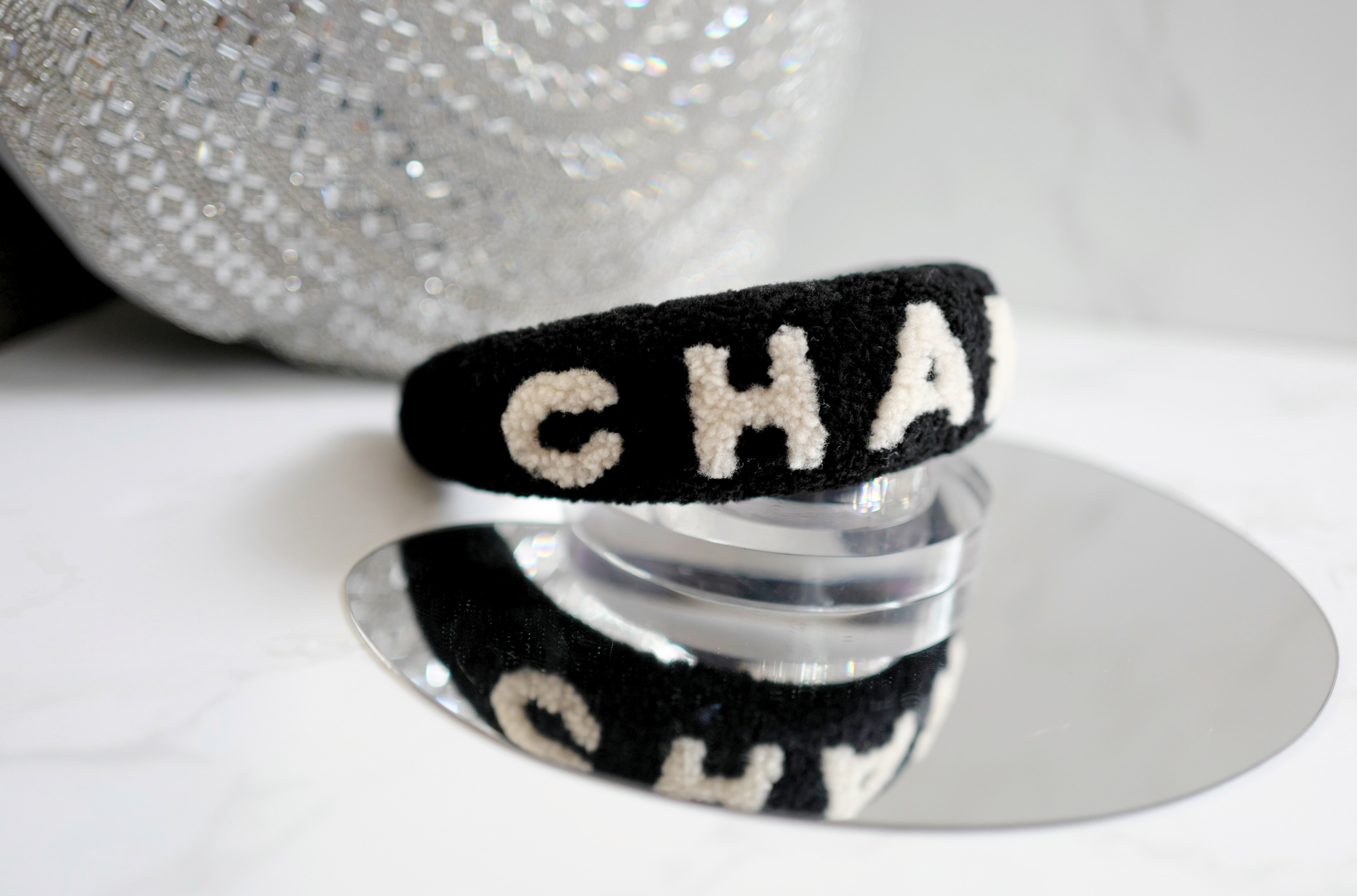 NEW Chanel Headband Shearling Black Ecru Logo Hair Accessories