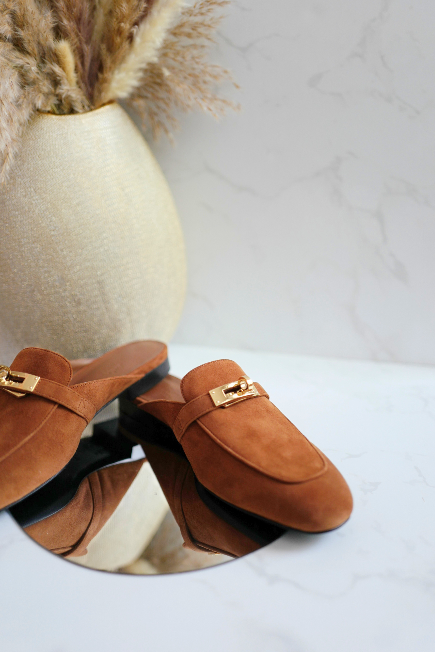 BNIB Hermès OZ Mule Velvet Goatskin Brun Amourette With Gold Hardware Size 39