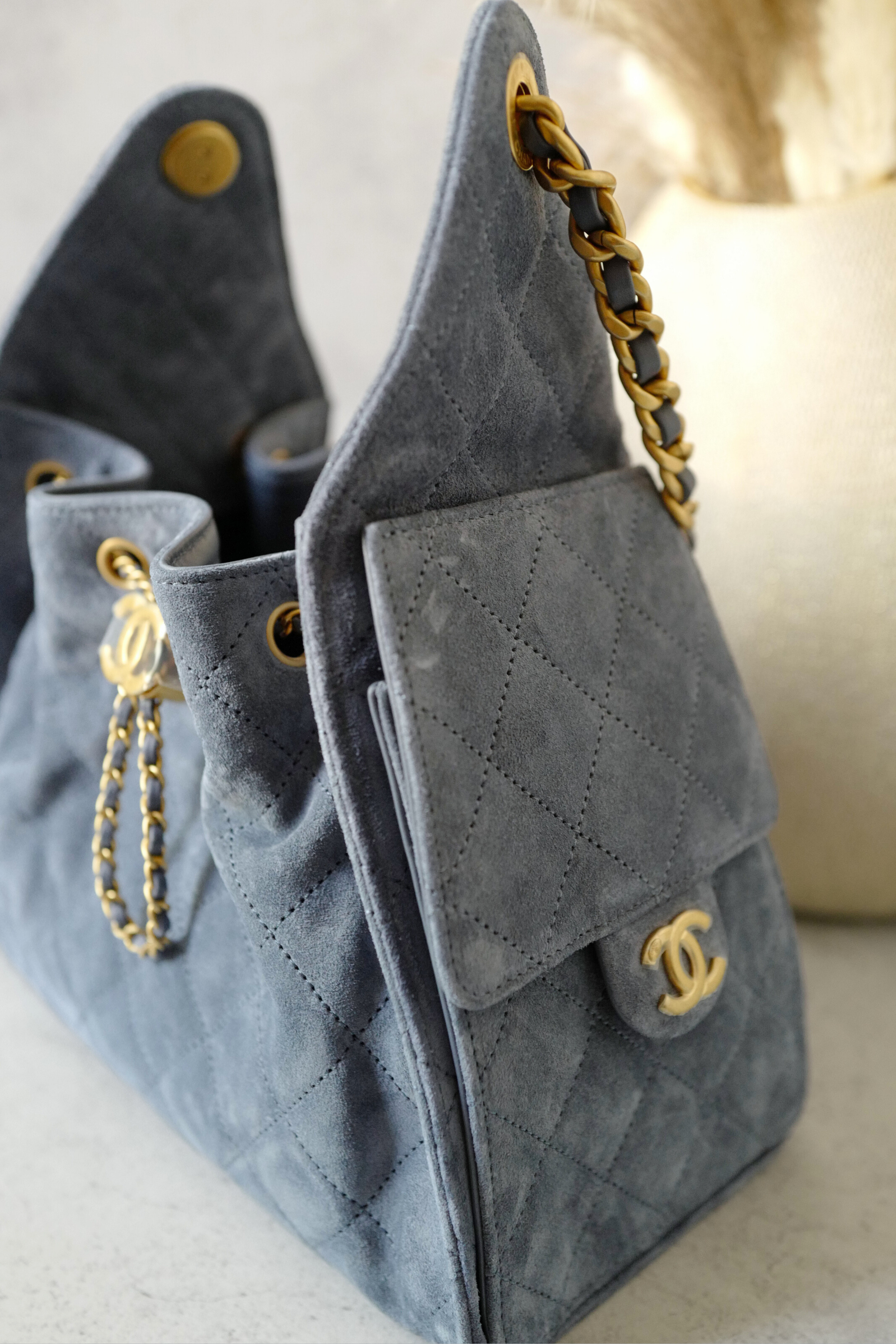 BNIB Chanel Hobo Bag 25K Blue Suede Quilted Gold Chain CC Logo