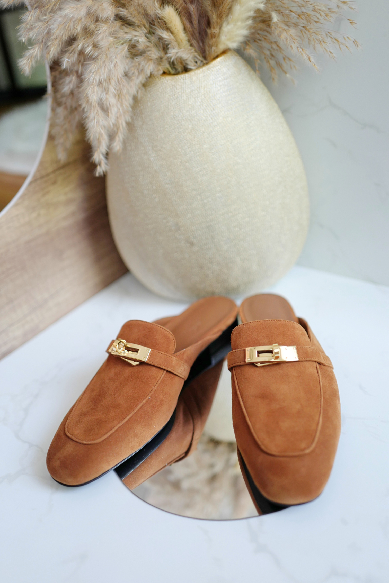 BNIB Hermès OZ Mule Velvet Goatskin Brun Amourette With Gold Hardware Size 39
