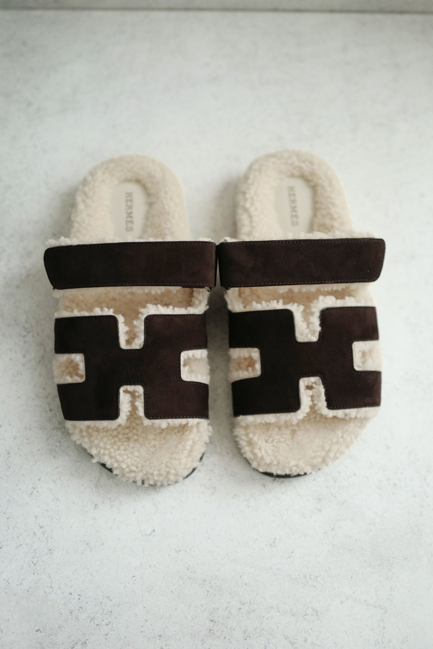 BNIB HERMÈS Chypre Sandals Goat Skin Suede Marron Ébène/Écru Size 38