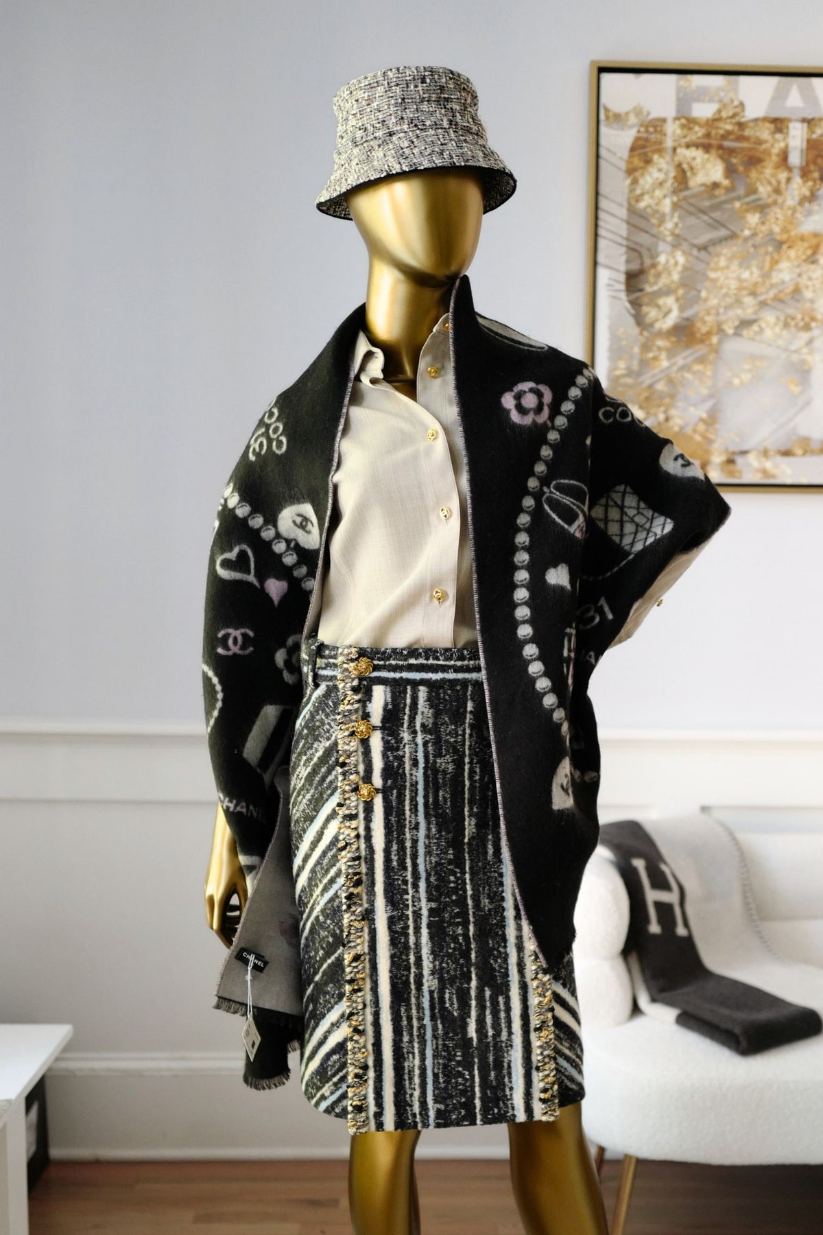 NEW Chanel 25B Black White Wool & Silk Scarf with Pearl Decoration