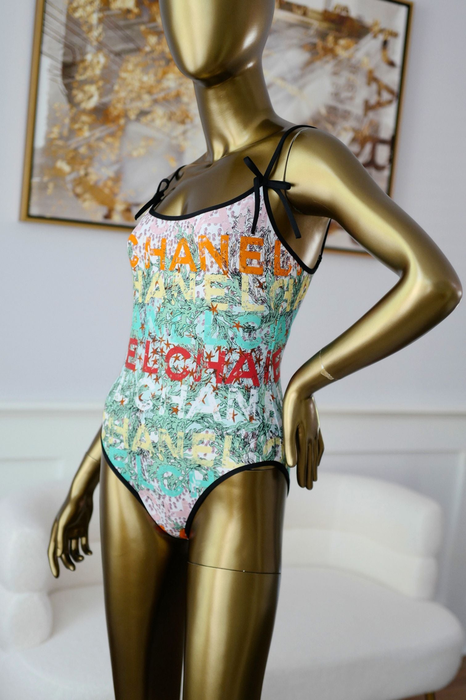 Chanel 26M Coco Beach Swimsuit Multicolor Stretch Jersey Size 36