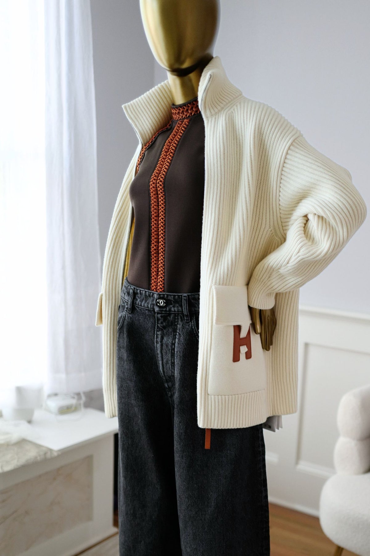 NEW Hermes Blouson Cardigan Blanc Naturel Wool Knit H Leather Pocket Size 34