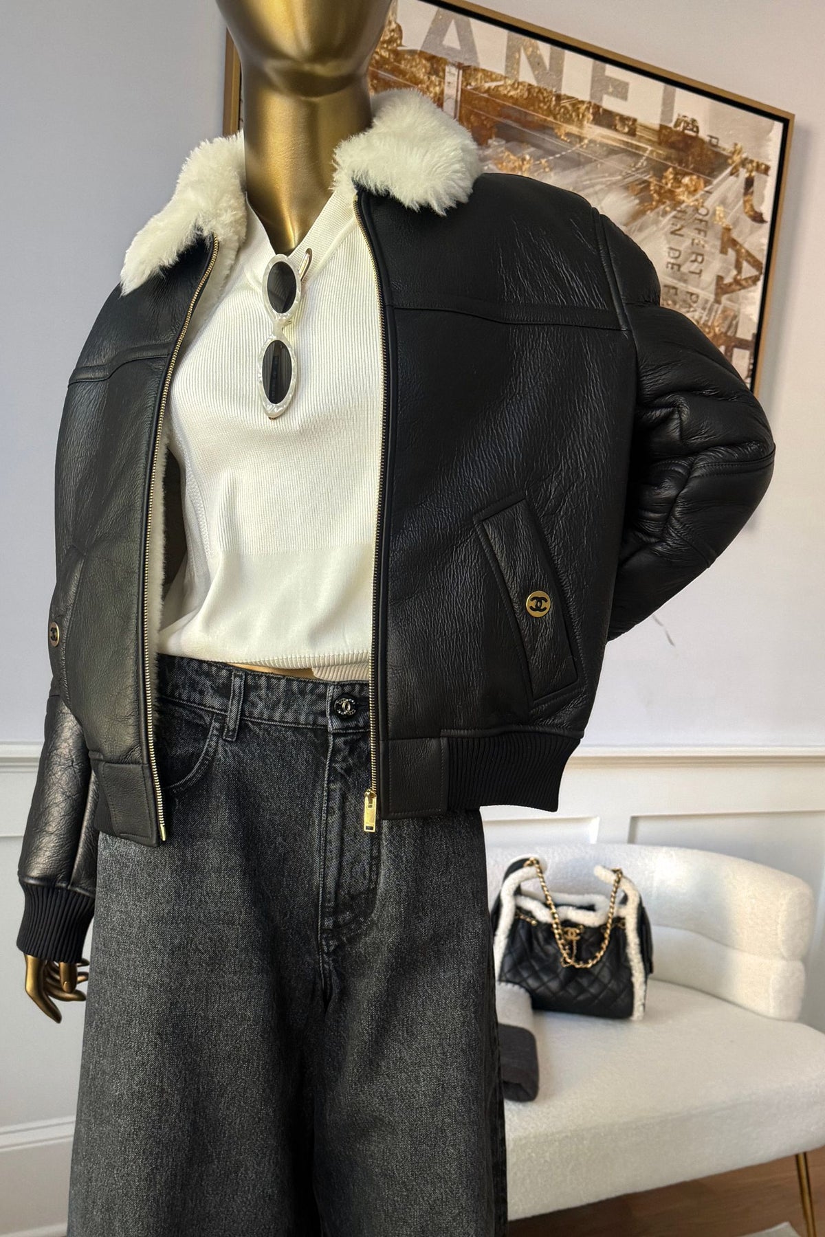 Chanel 26B Blouson Jacket Black White Shearling Lambskin Size 36