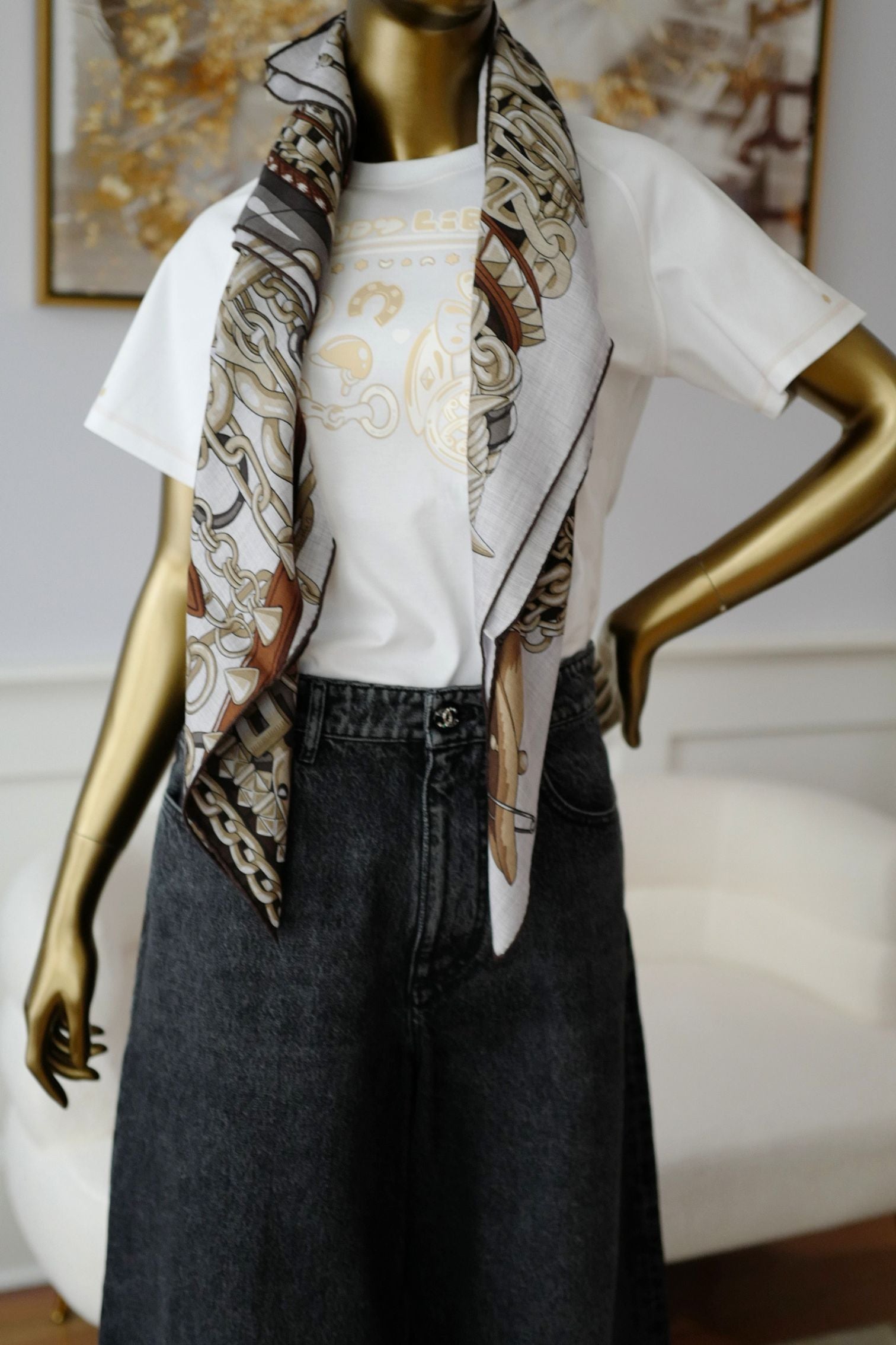 NEW Hermès Cheval Heavy Metal Scarf 100 Cashmere Silk Gris Clair / Kraft / Caramel