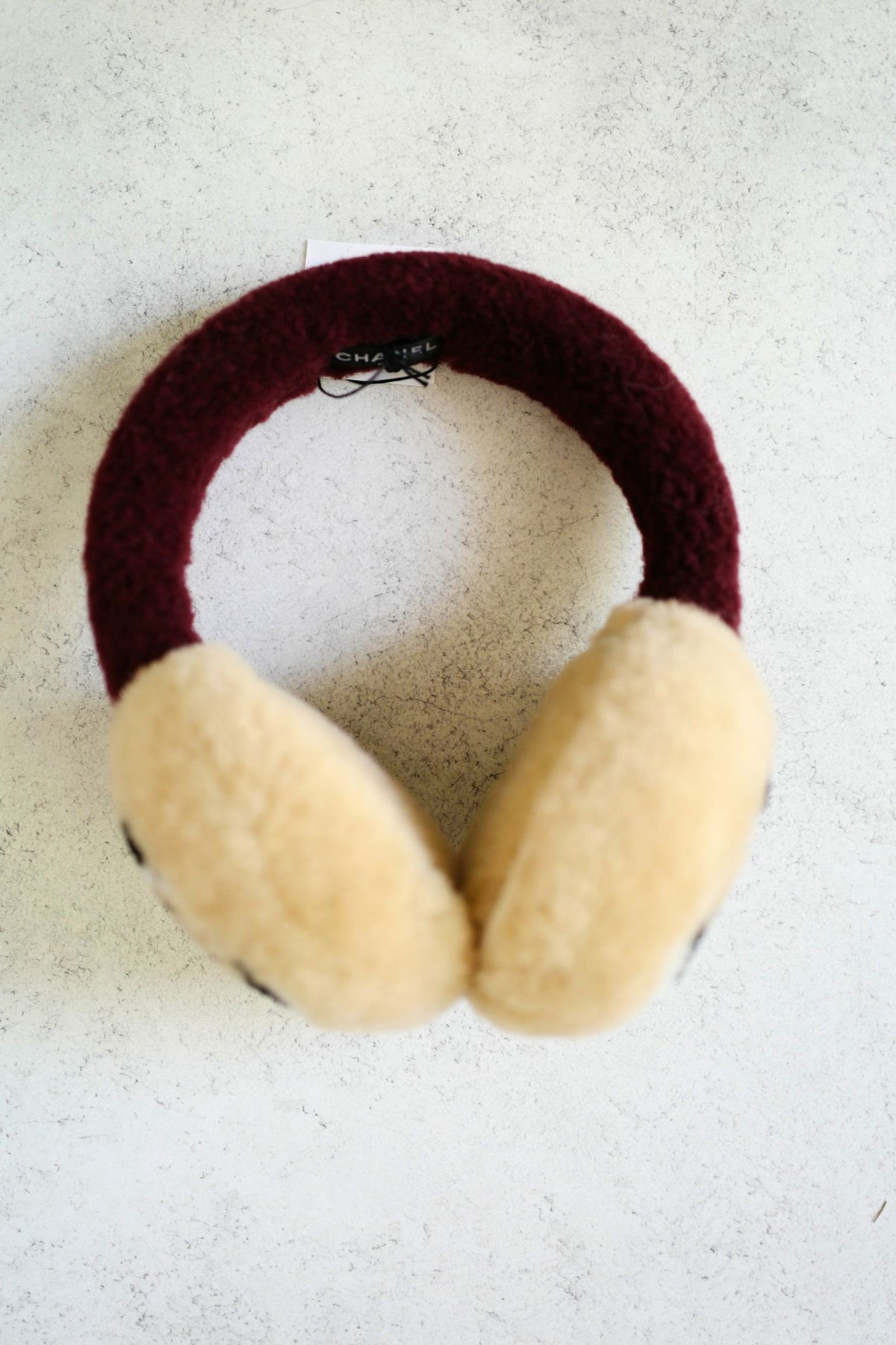 NEW Chanel 26N Coco Neige Earmuffs CC Logo Lamb Shearling in Beige and Burgundy