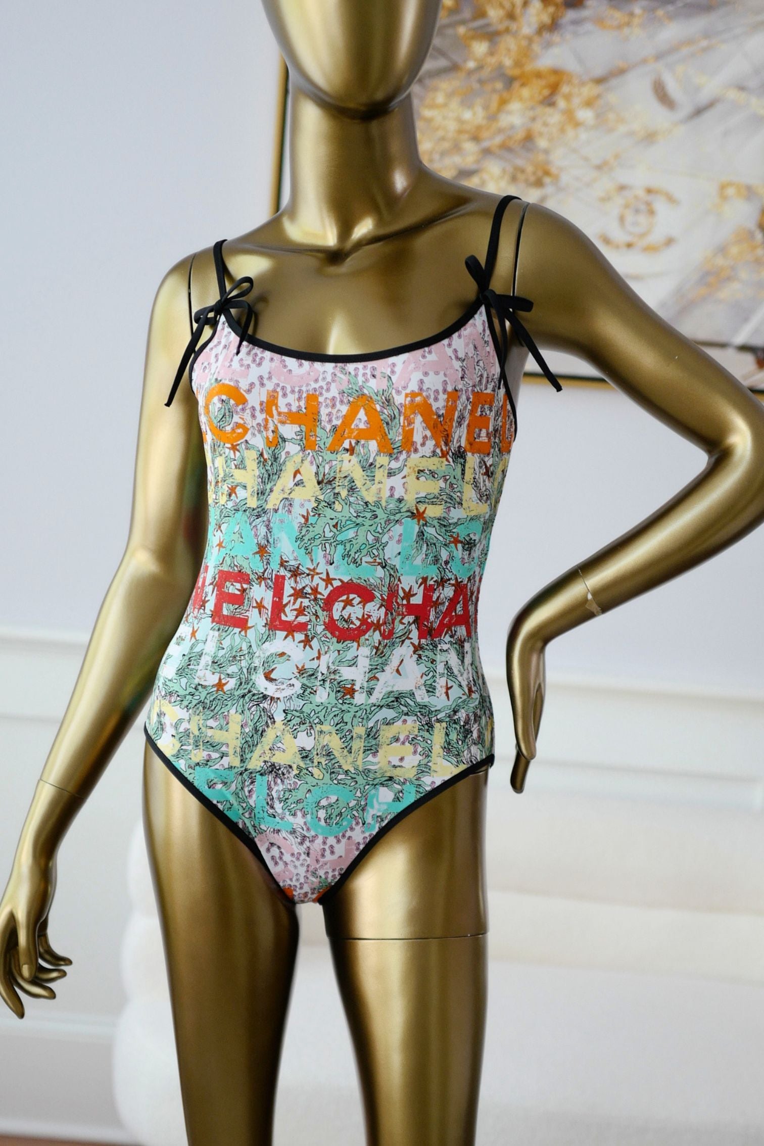 Chanel 26M Coco Beach Swimsuit Multicolor Stretch Jersey Size 38