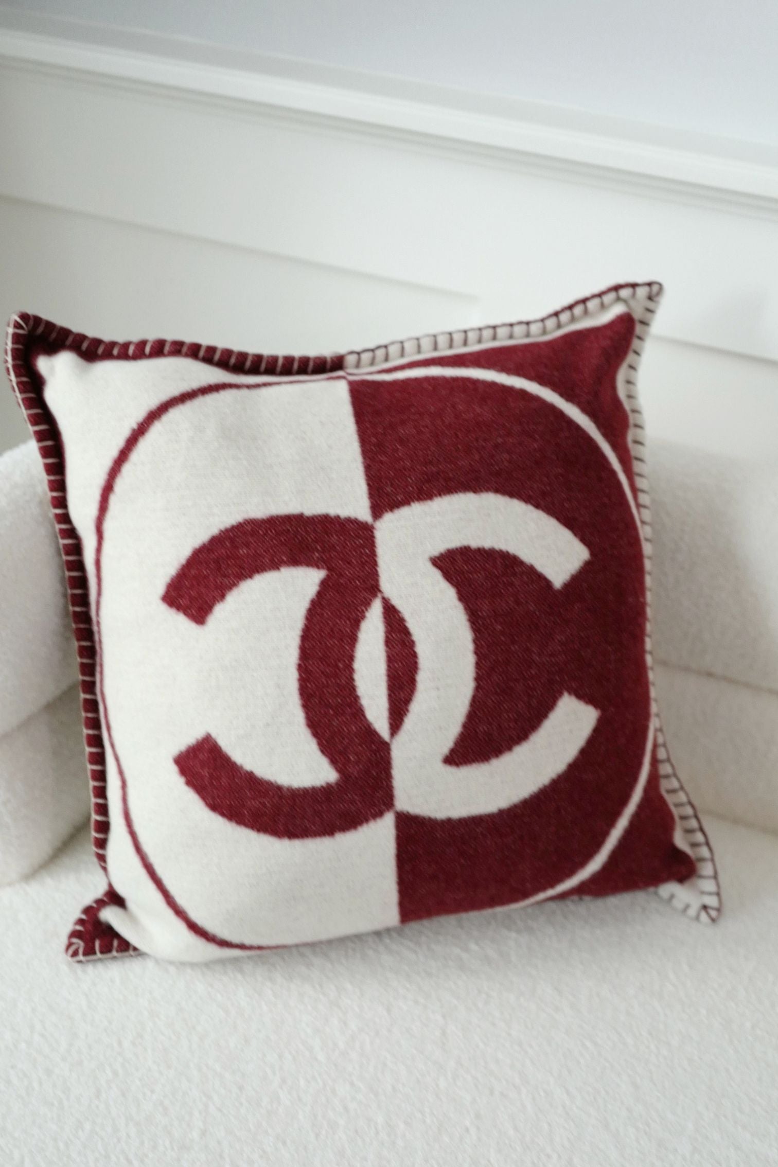 NEW Chanel CC Logo Pillow Burgundy White Wool Cashmere