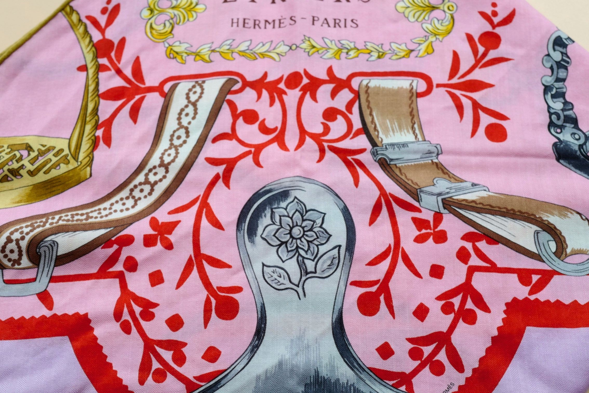 Hermès Etriers Triangle Scarf Pink Multicolor Cashmere Silk