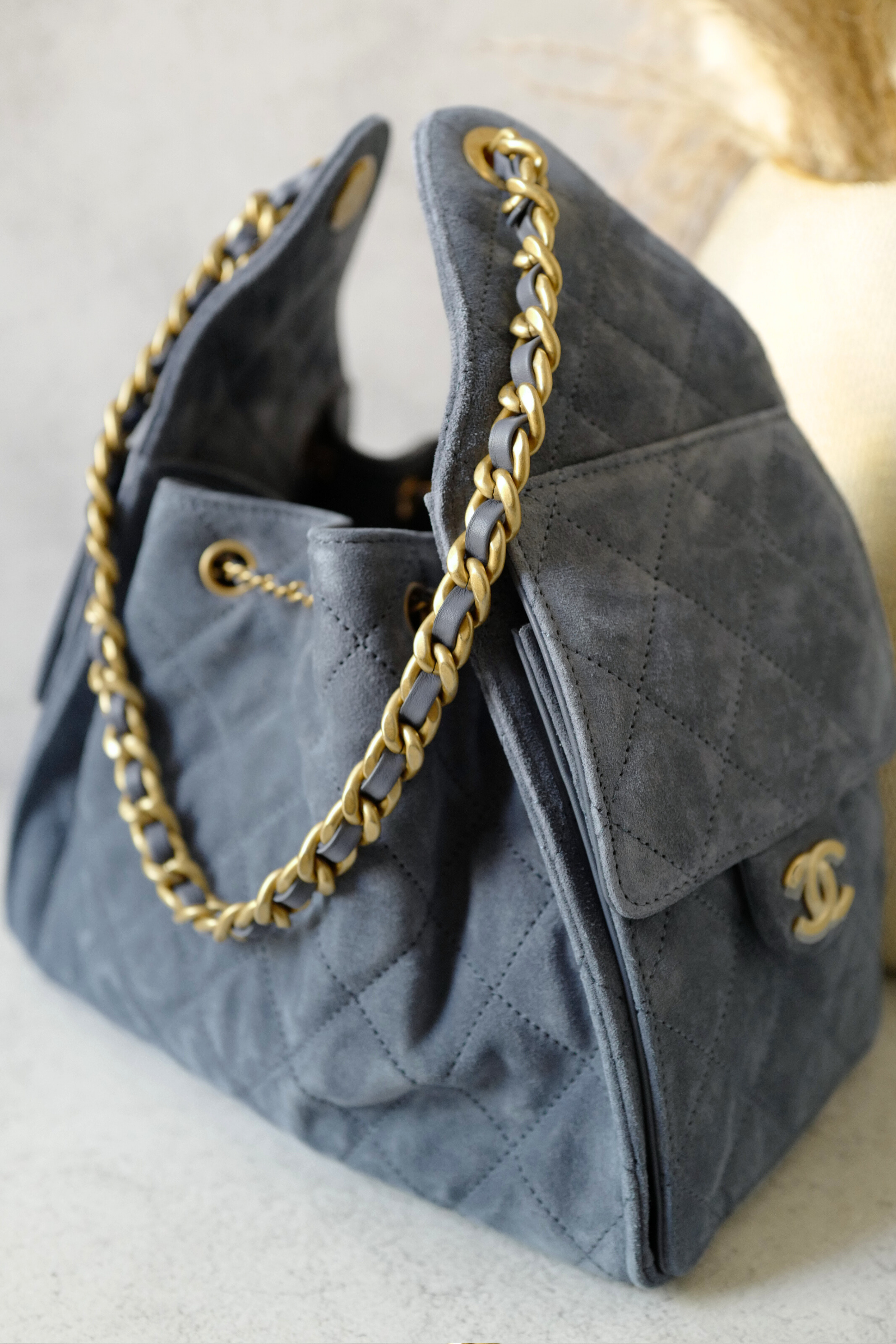 BNIB Chanel Hobo Bag 25K Blue Suede Quilted Gold Chain CC Logo