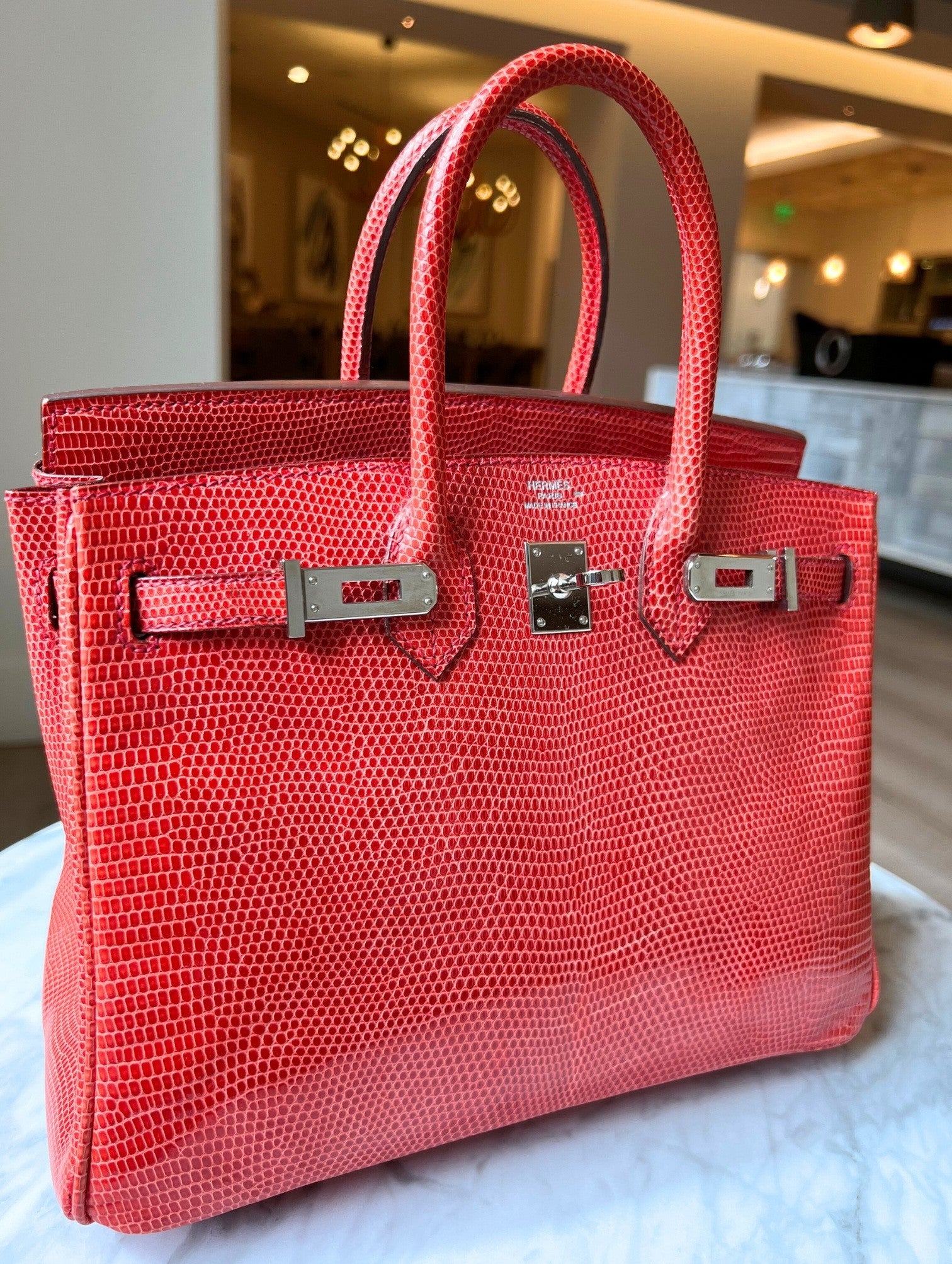Hermes Birkin 25 Lizard In Bougainvillea Red With Palladium HW