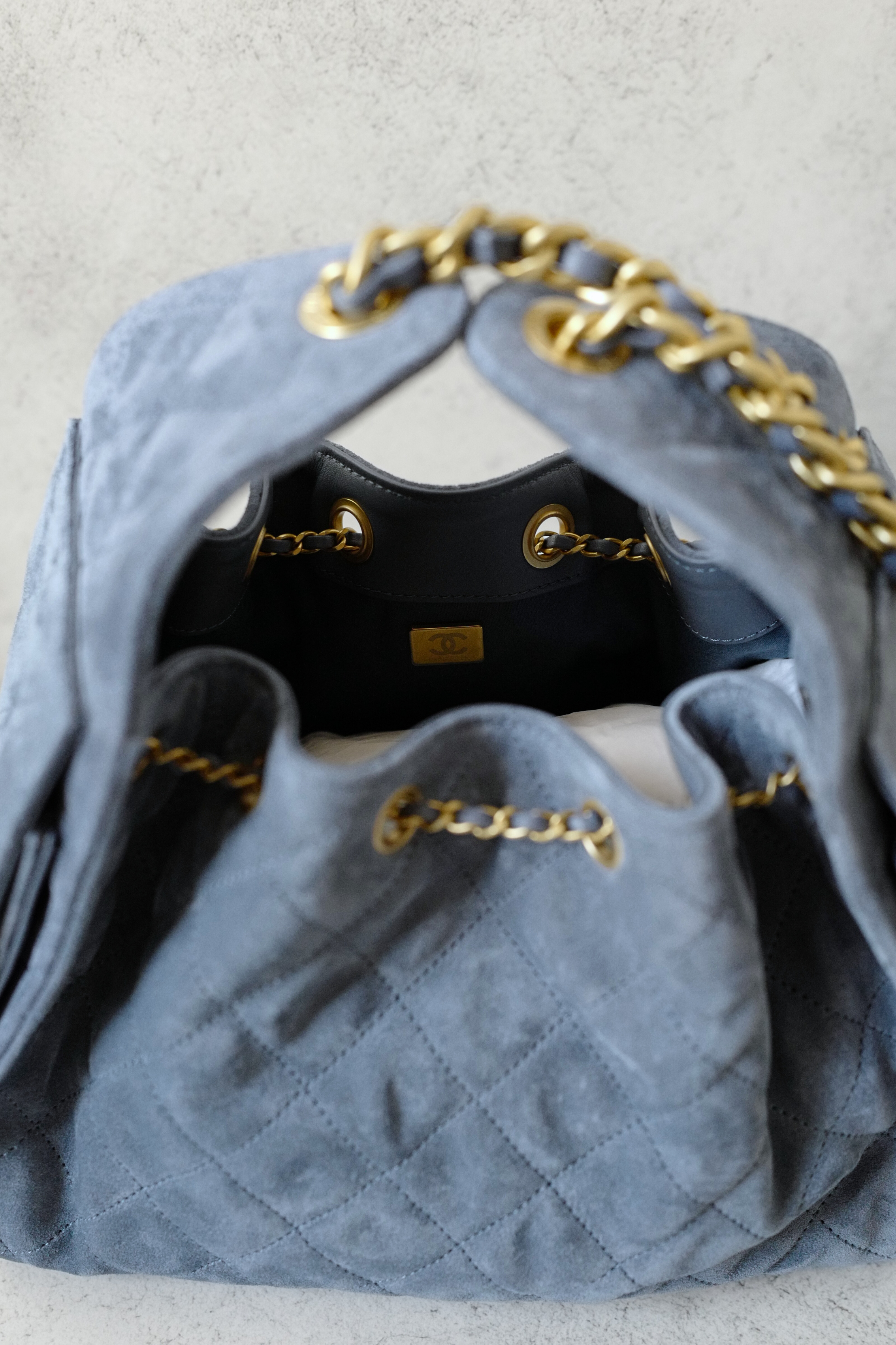 BNIB Chanel Hobo Bag 25K Blue Suede Quilted Gold Chain CC Logo