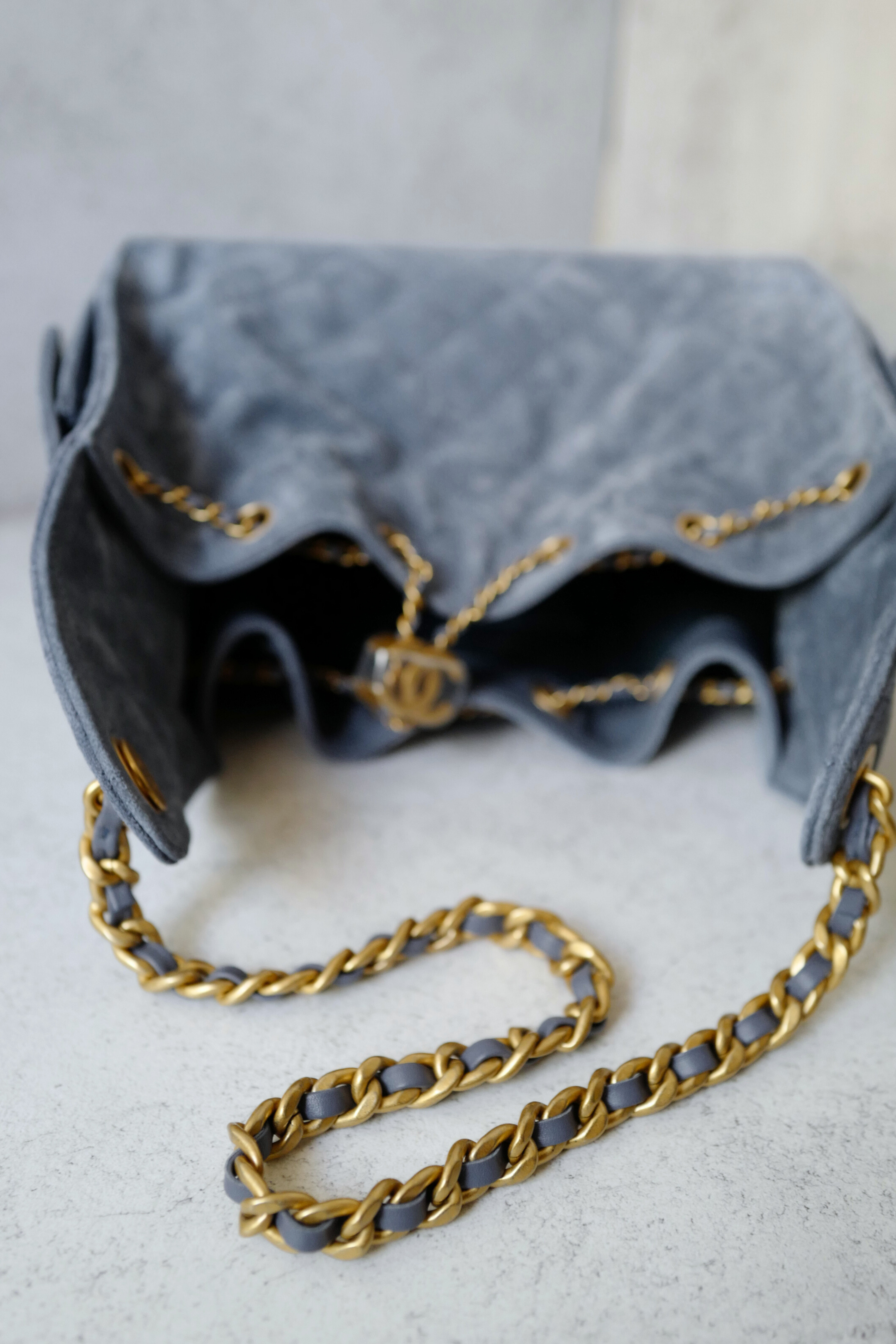 BNIB Chanel Hobo Bag 25K Blue Suede Quilted Gold Chain CC Logo