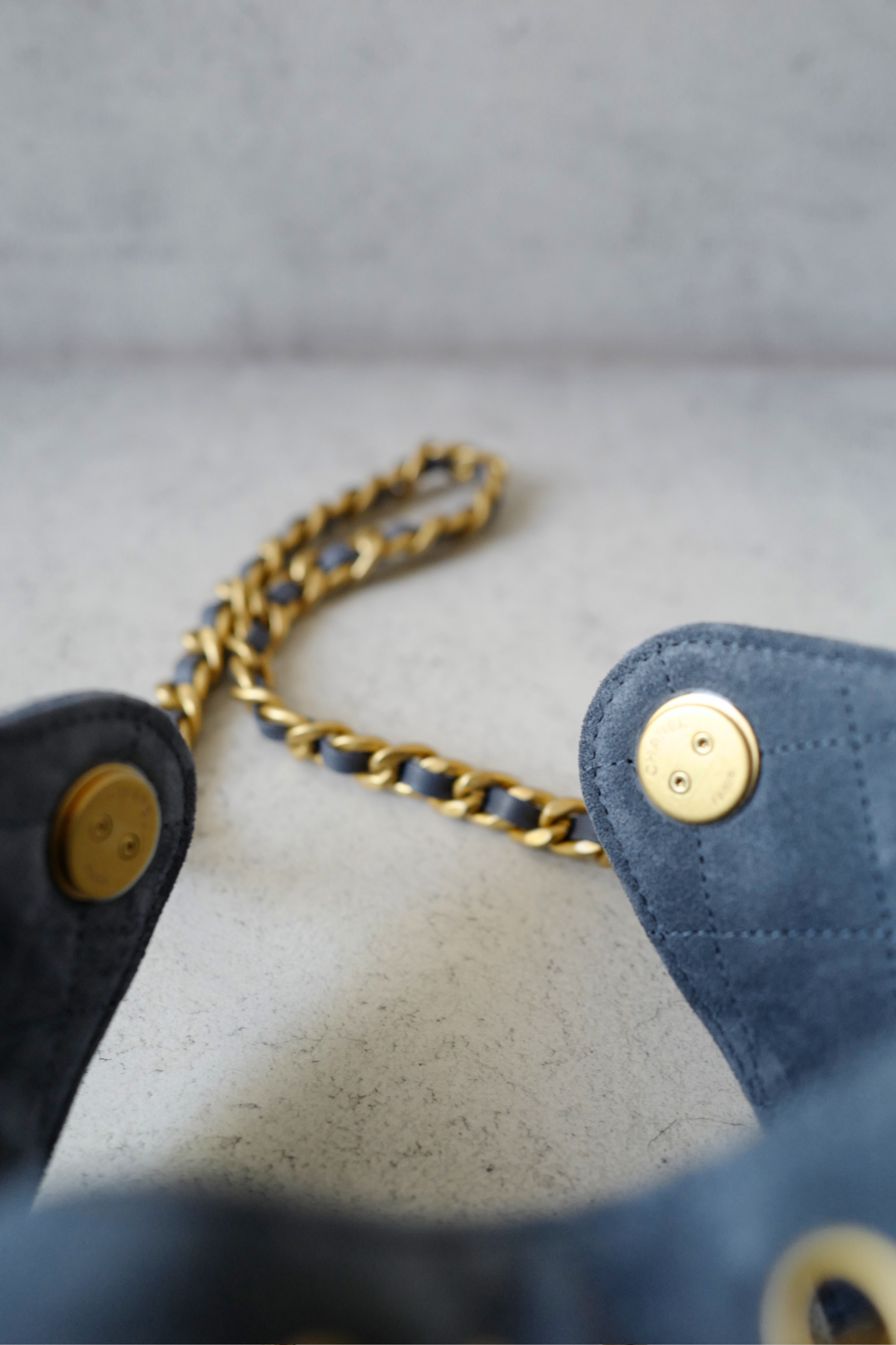 BNIB Chanel Hobo Bag 25K Blue Suede Quilted Gold Chain CC Logo
