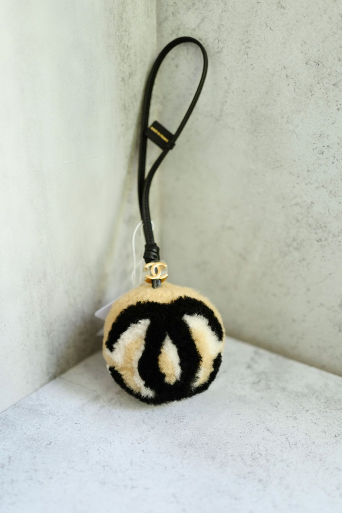 NEW Chanel 26N Coco Neige Mini Ball Bag Charm CC Logo Lambskin Shearling Black Beige