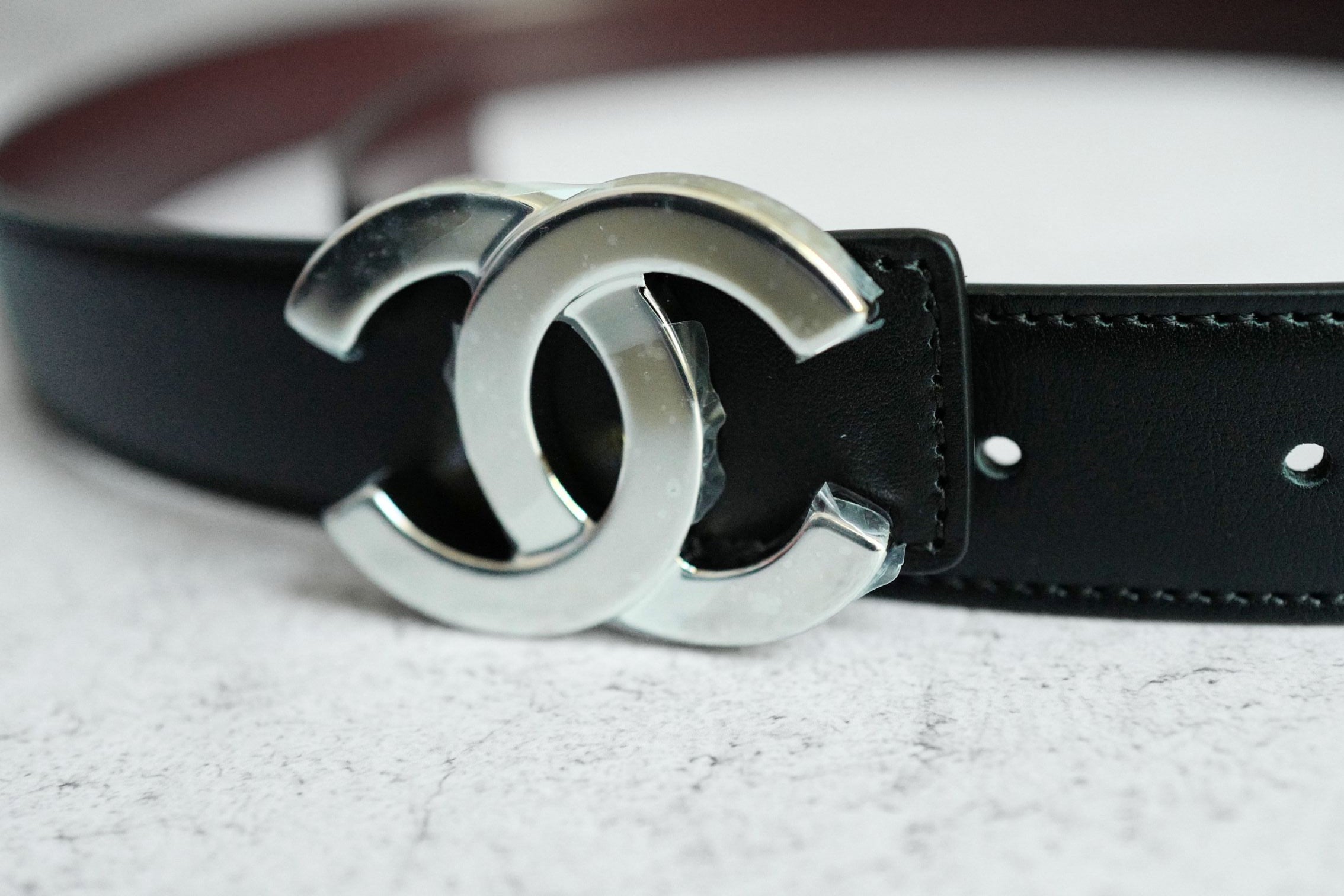 Chanel CC Reversible Belt Black Burgundy Silver Calfskin Metal Size 85