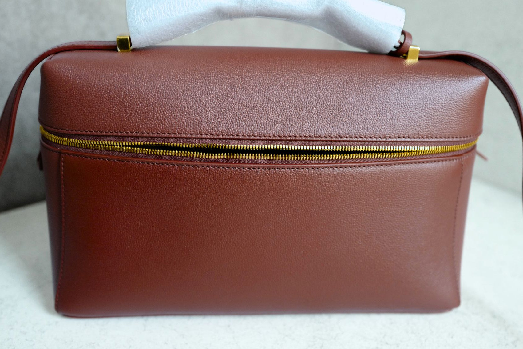 BNIB Loro Piana Extra Bag L27 Smoked Caramel In Grained Calfskin with Gold HW