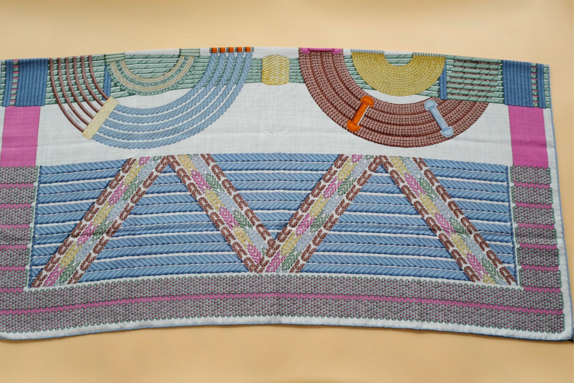 Hermès Dressage Tressage Shawl 140 Bleu Ciel/Rose Rouge Cashmere Silk