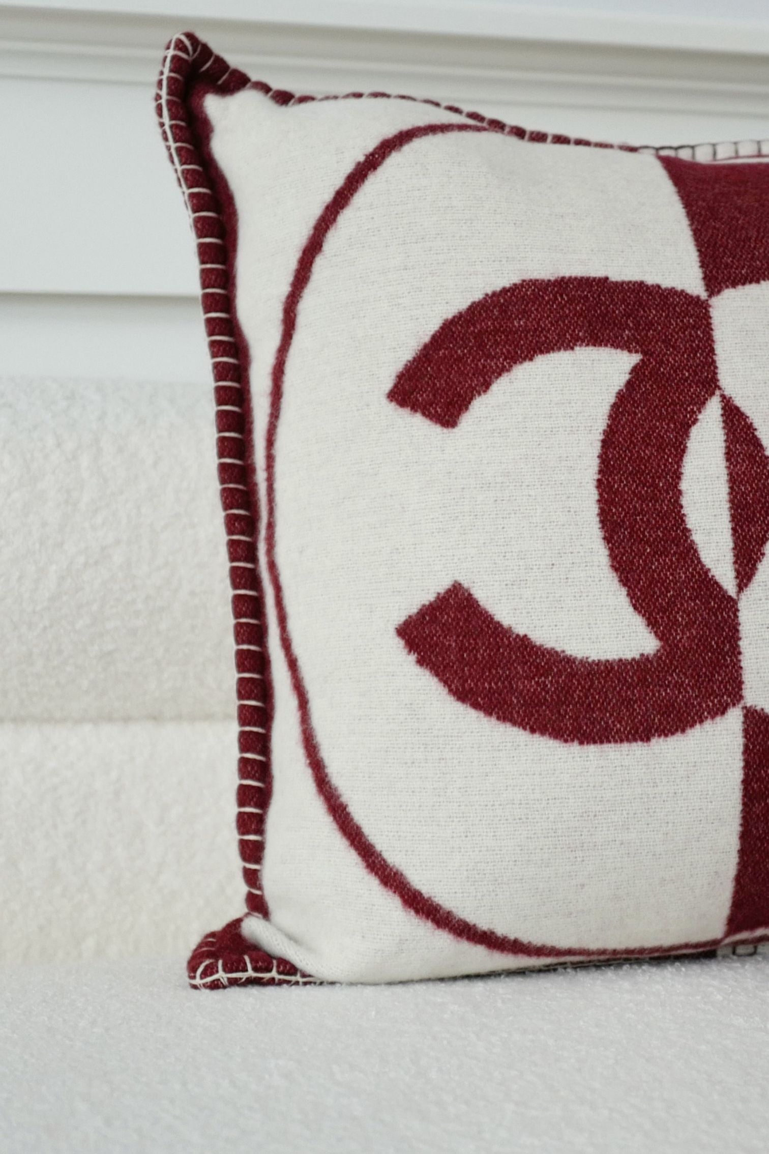 NEW Chanel CC Logo Pillow Burgundy White Wool Cashmere