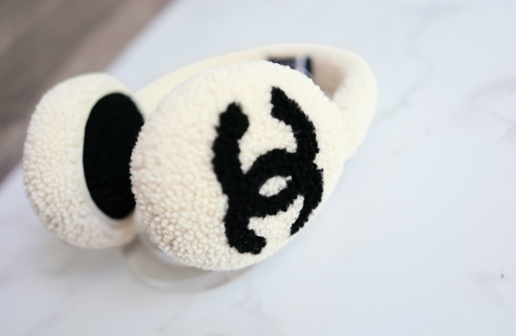 BNIB Chanel CC Earmuffs in Shearling Wool Ecru/Black