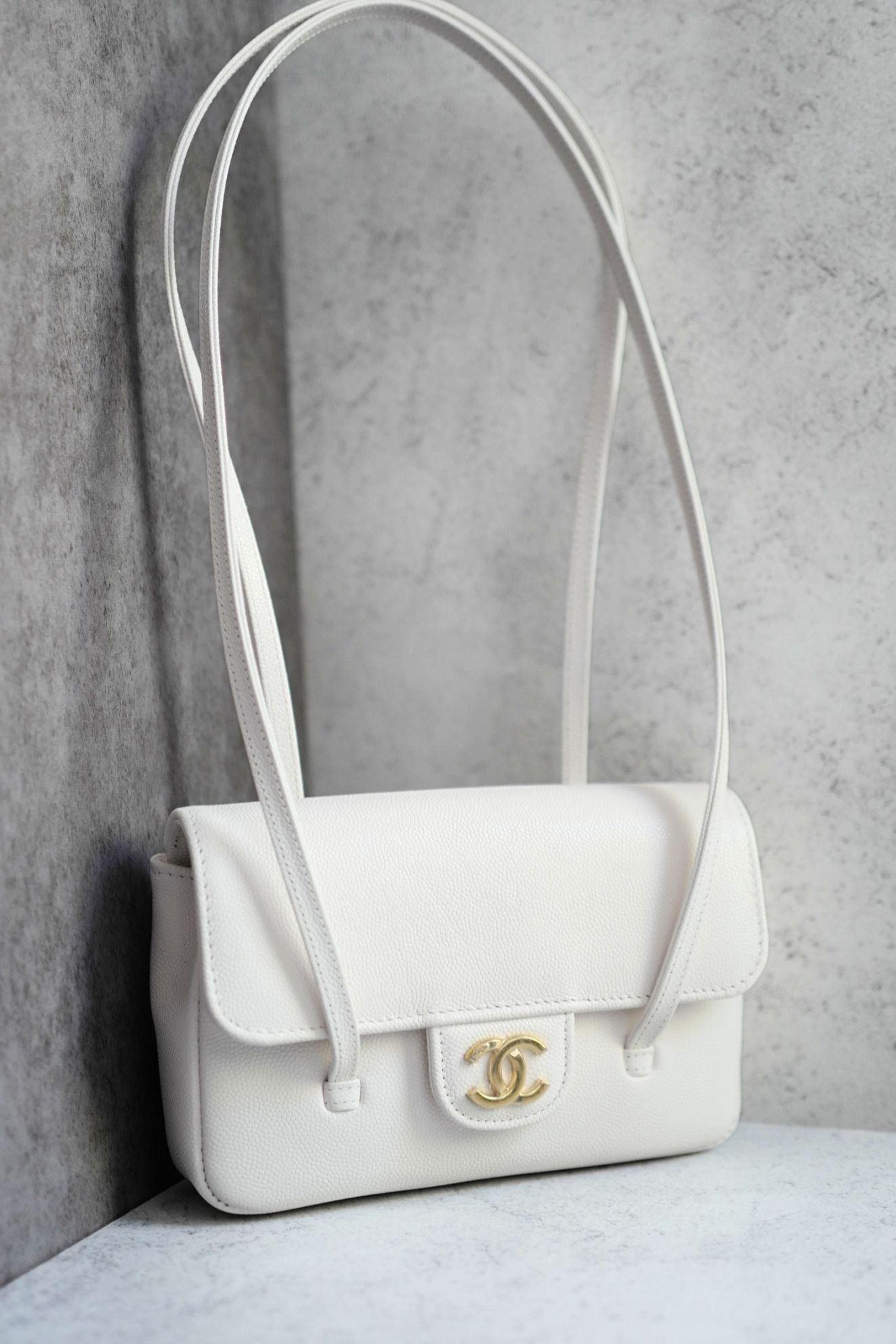 Chanel 26 Preppy Coco 17 Mini White Grained Shiny Calfskin Gold Hardware