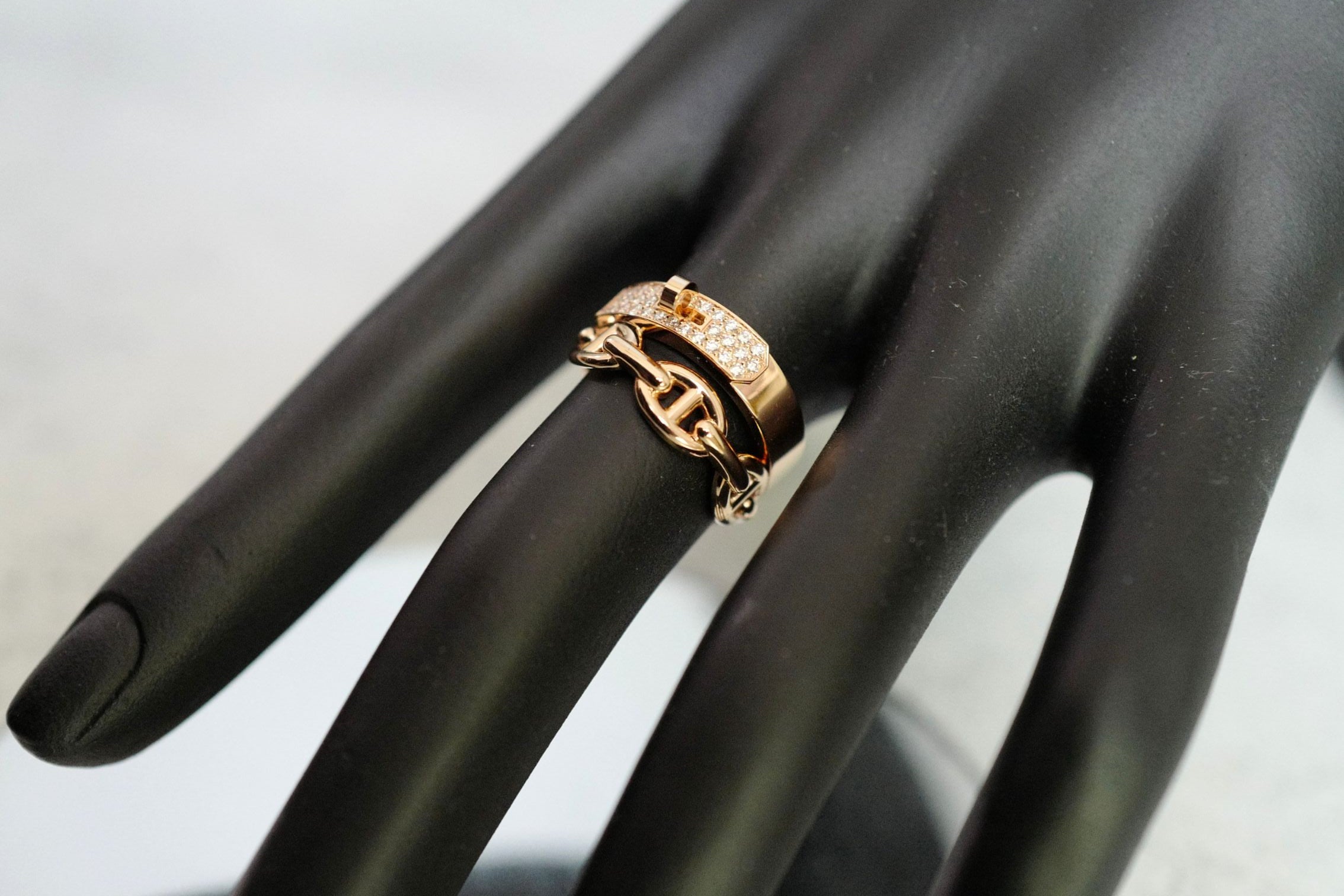 Hermès Kelly Alchimie Double Tour Ring 18K Rose Gold 32 Diamonds Size 53