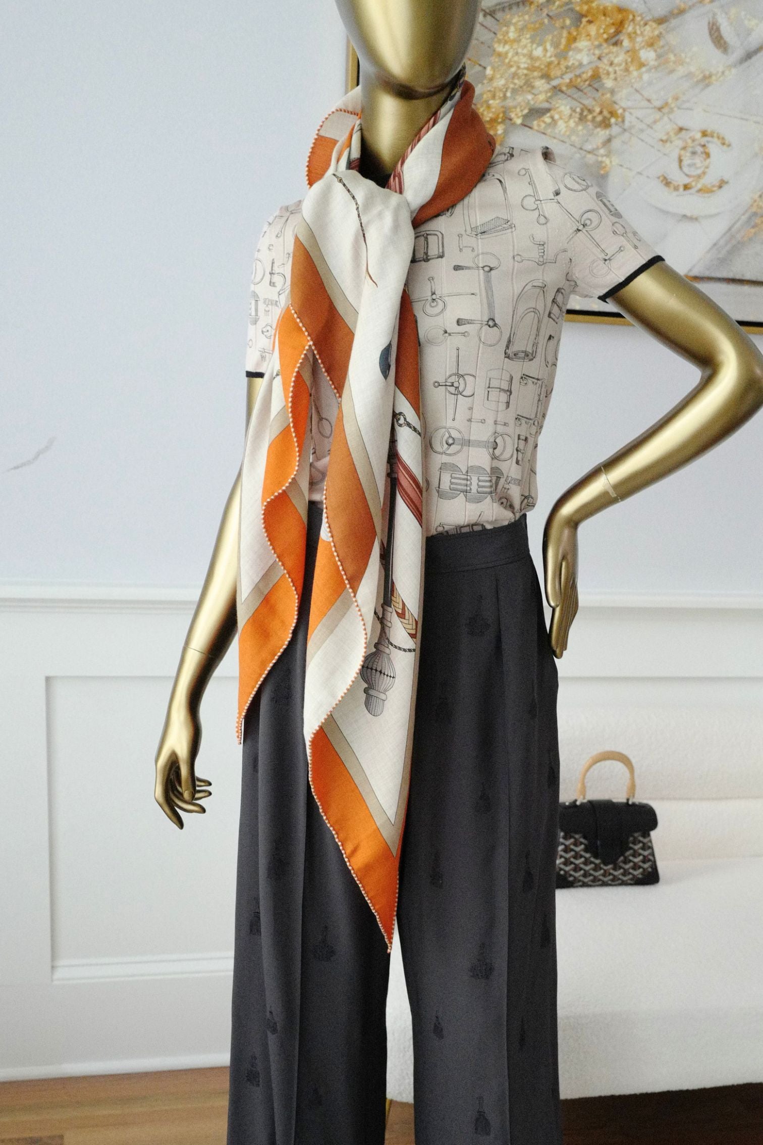 Hermès Clic-Clac Triangle Scarf Orange Cuit /Naturel/Caramel Cashmere Silk