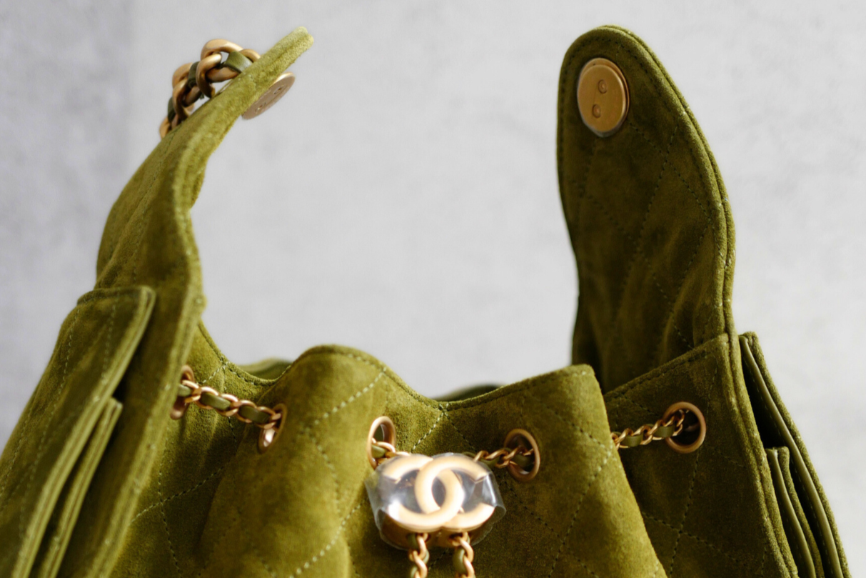 BNIB Chanel 25K Small Hobo Bag Khaki Green Suede with Gold Hardware