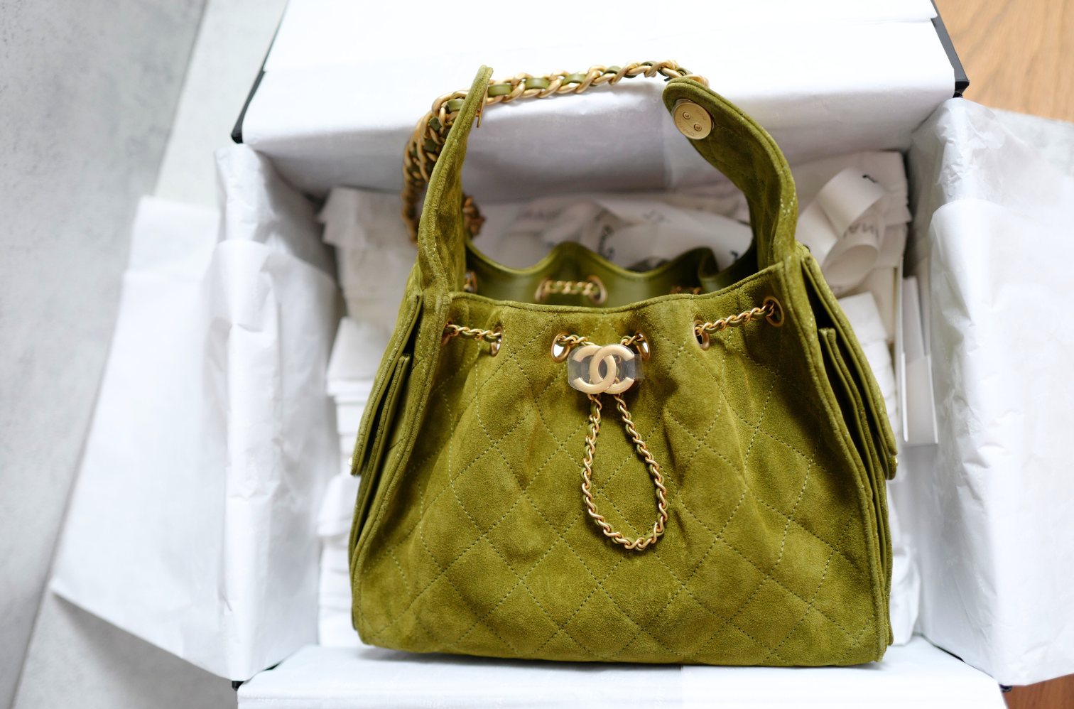 BNIB Chanel 25K Small Hobo Bag Khaki Green Suede with Gold Hardware