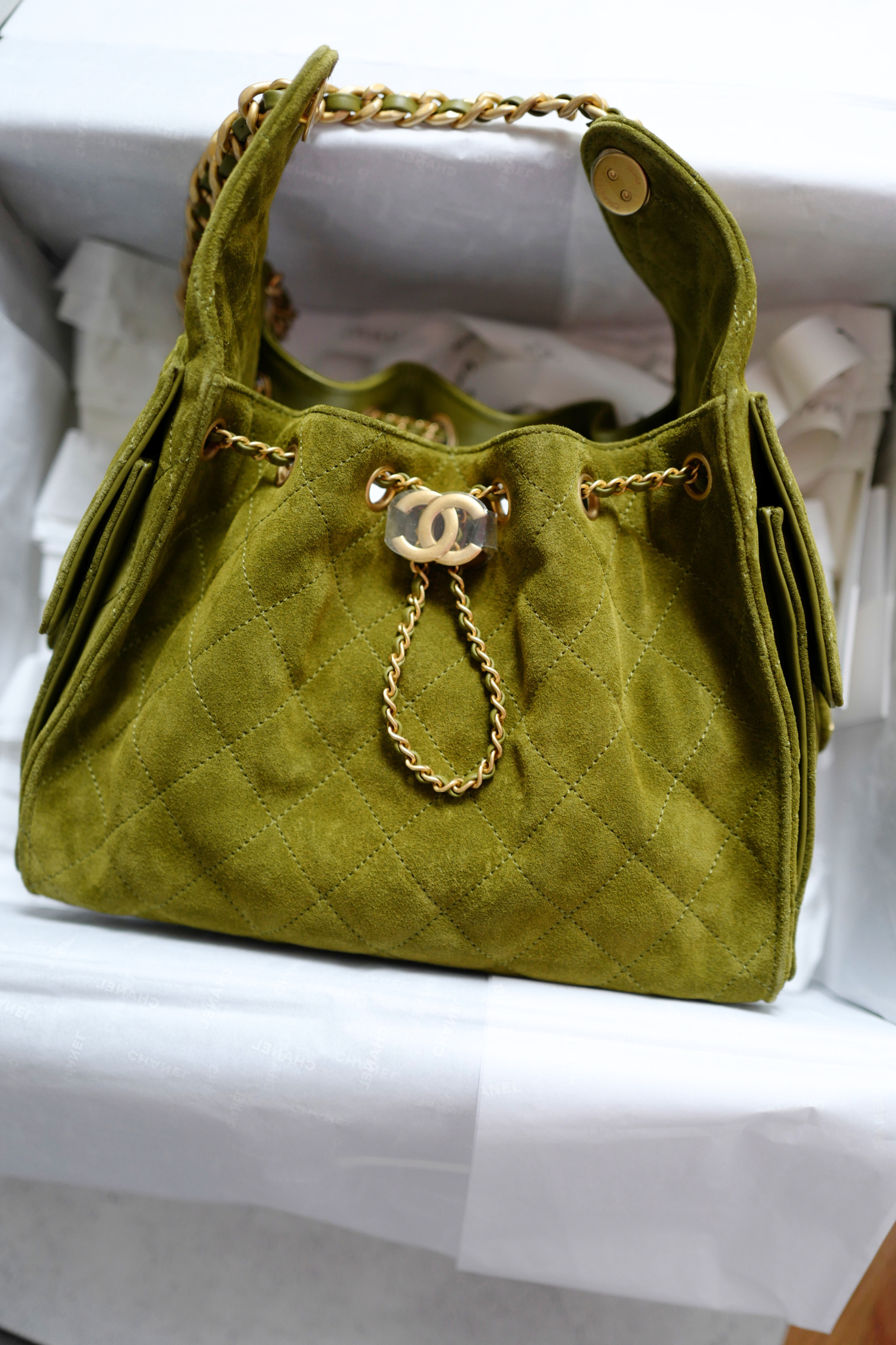 BNIB Chanel 25K Small Hobo Bag Khaki Green Suede with Gold Hardware